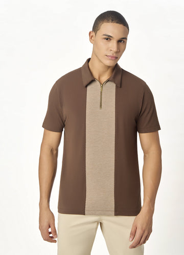Brown Zipper Polo For Men – Twill Panel Edition