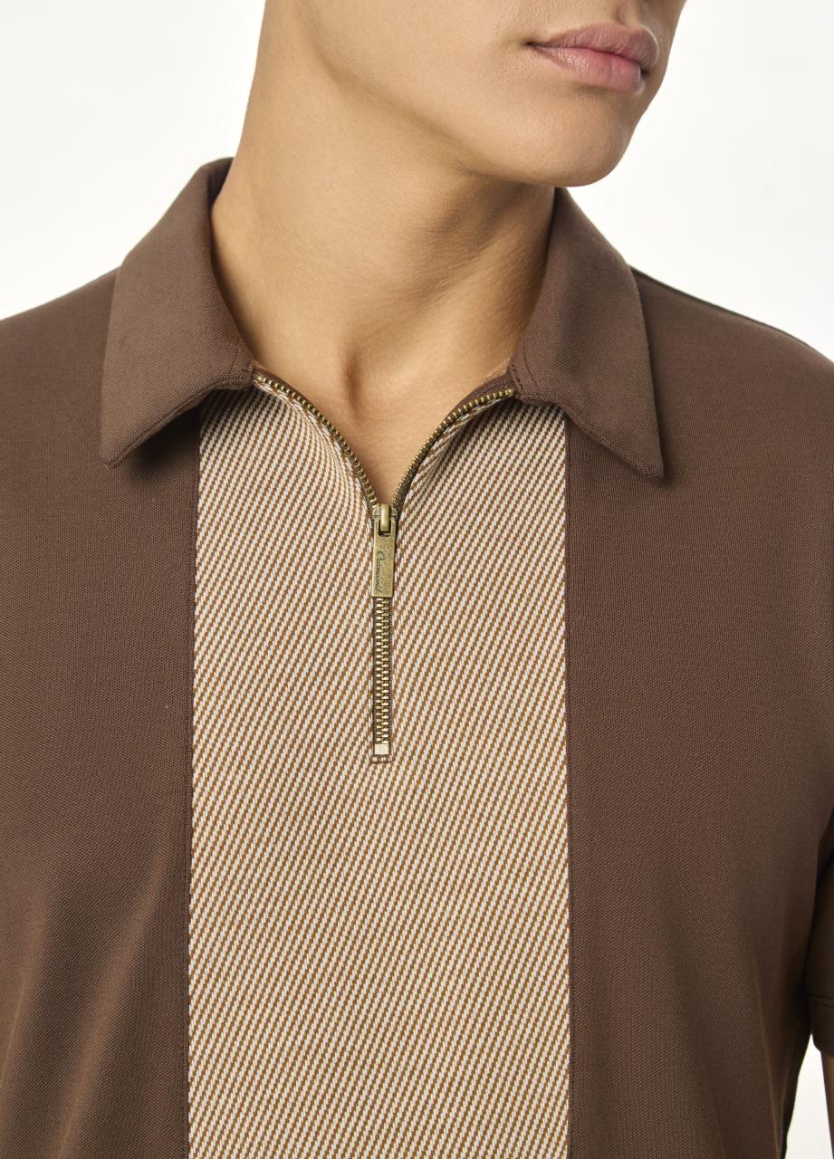 Brown Zipper Polo For Men – Twill Panel Edition