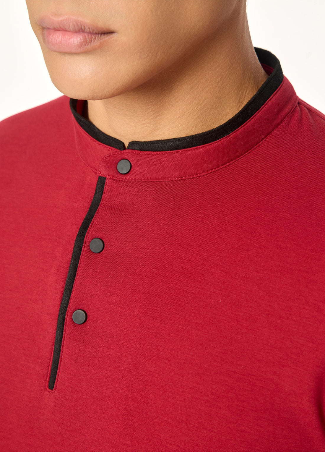The Deep Red Suede-Detail Band Collar Shirt