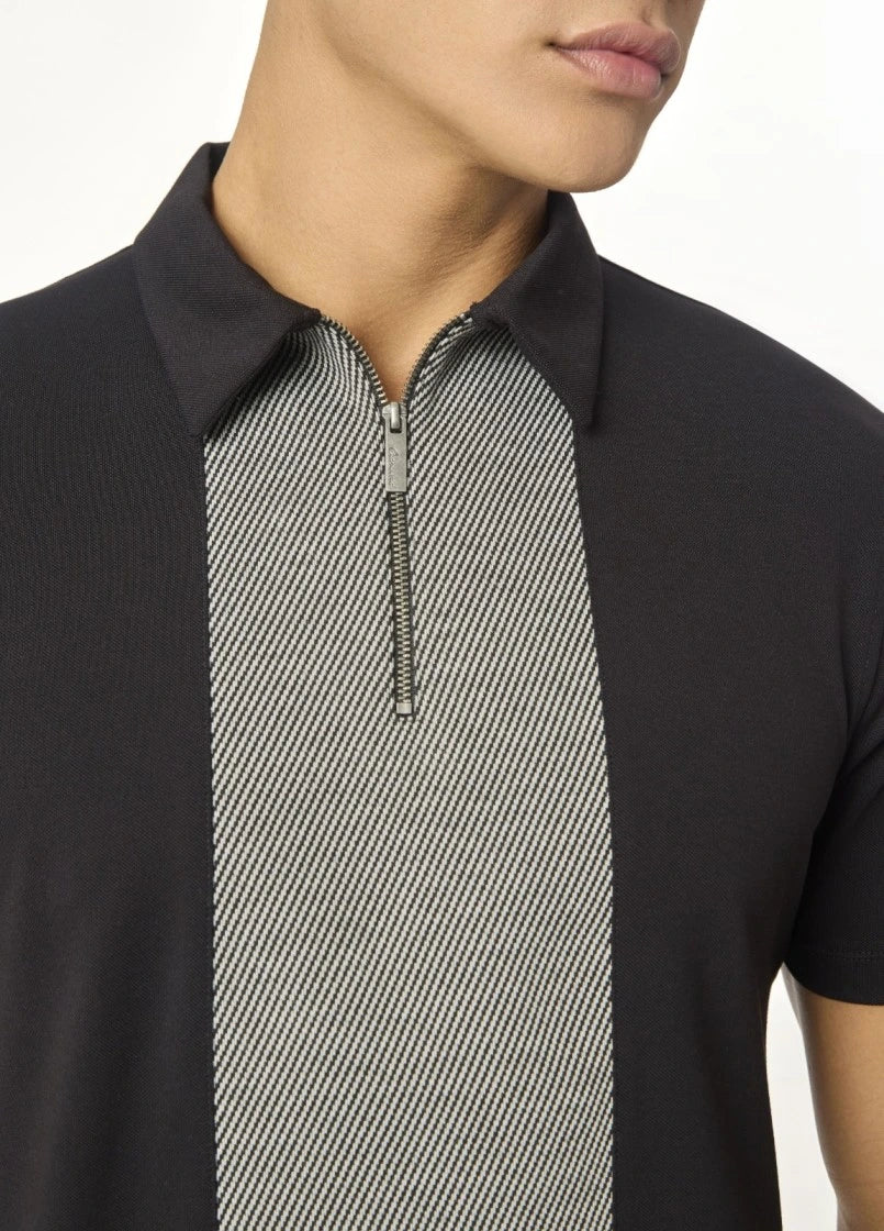 Black Zipper Polo For Men – Twill Panel Edition
