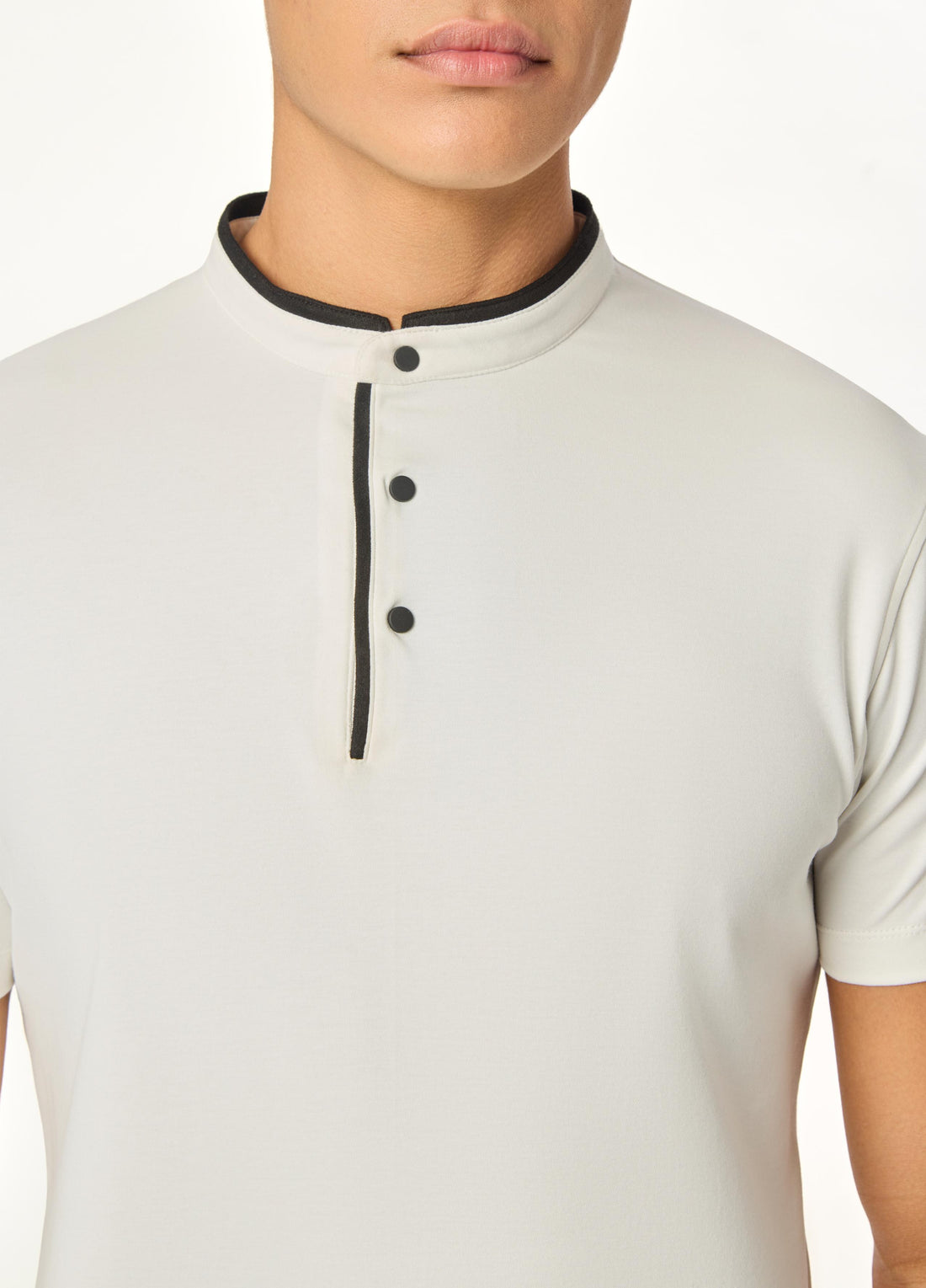 Serenity White Suede-Detail Band Collar Shirt