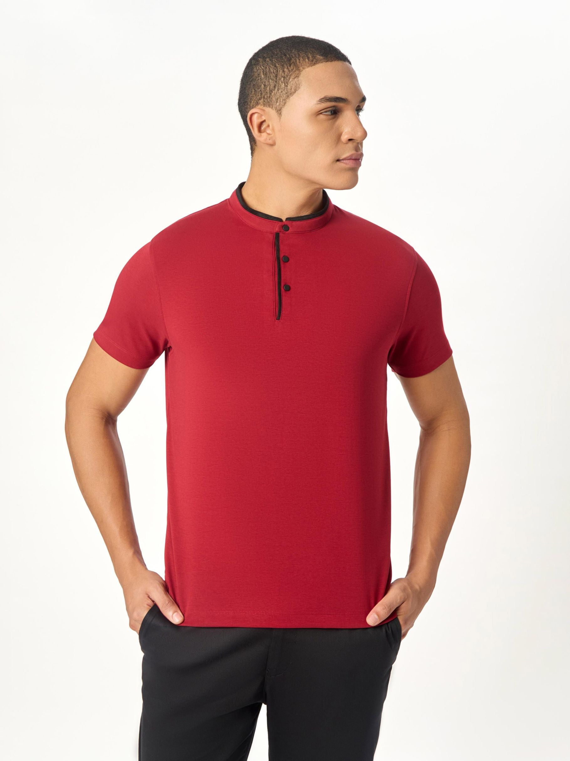 The Deep Red Suede-Detail Band Collar Shirt