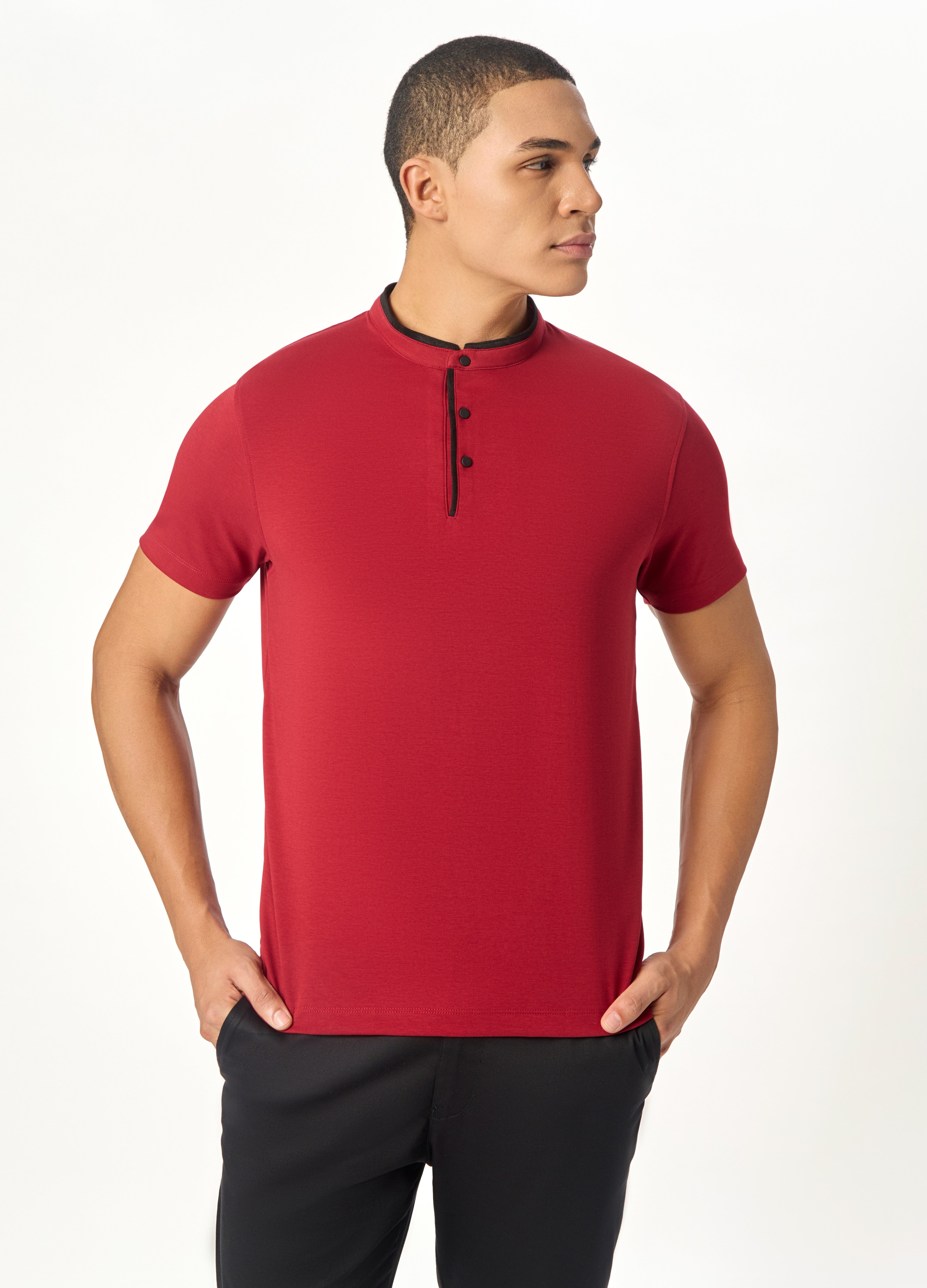 The Deep Red Suede-Detail Band Collar Shirt