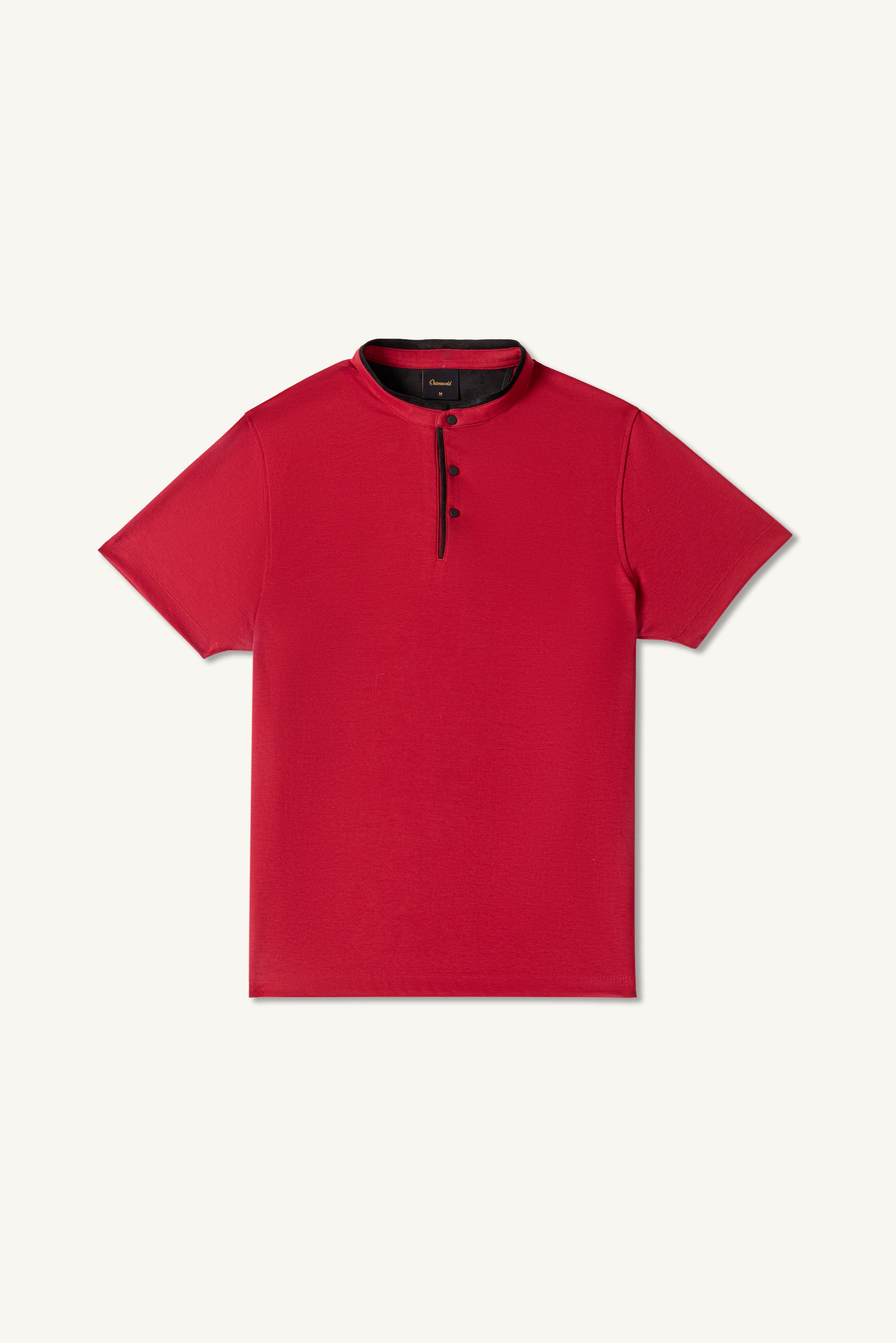 The Deep Red Suede-Detail Band Collar Shirt