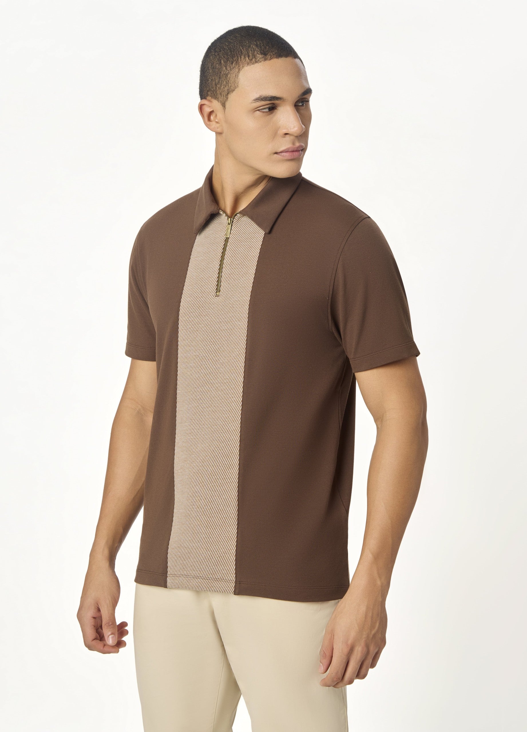 Brown Zipper Polo For Men – Twill Panel Edition