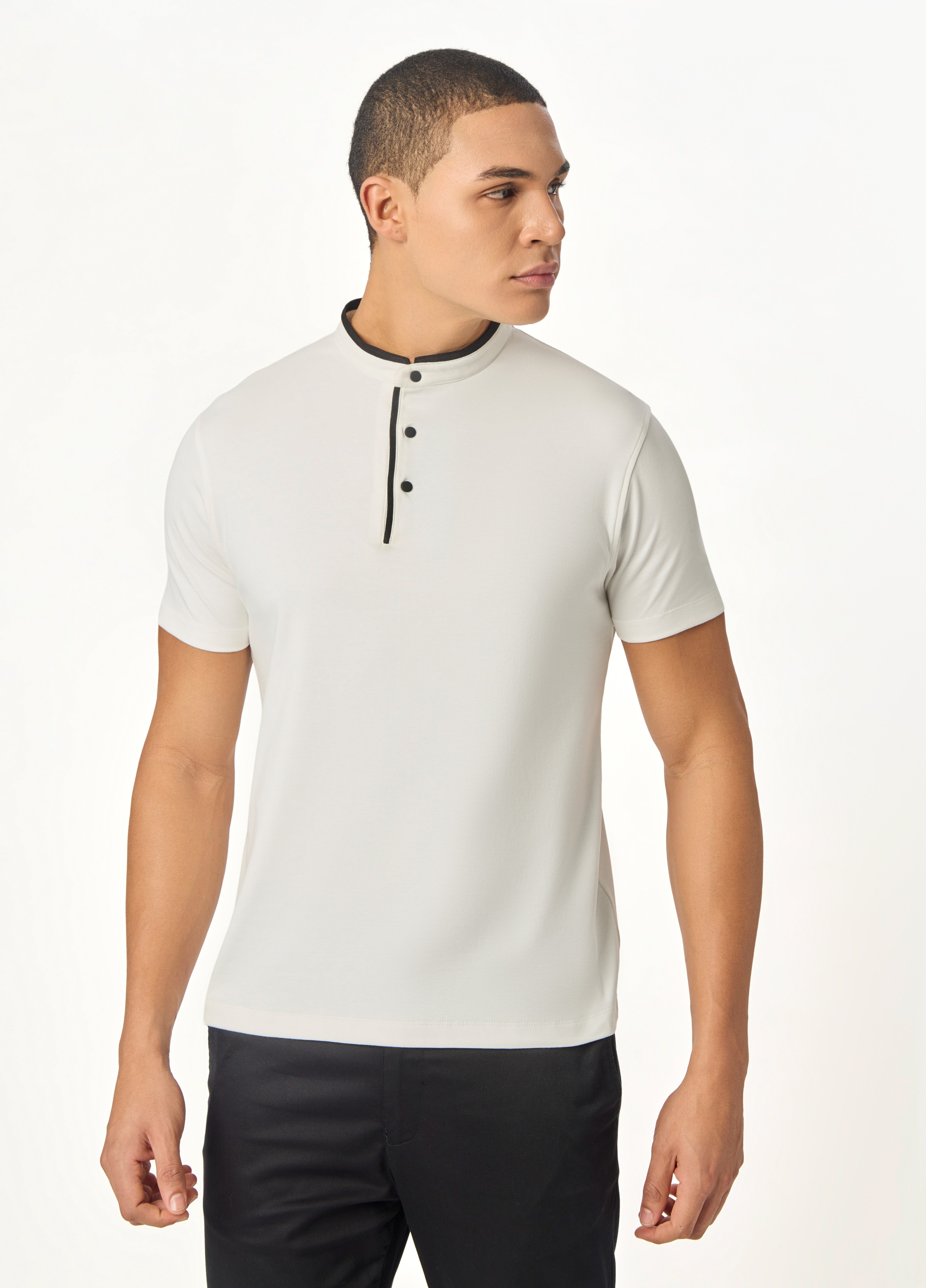 Serenity White Suede-Detail Band Collar Shirt