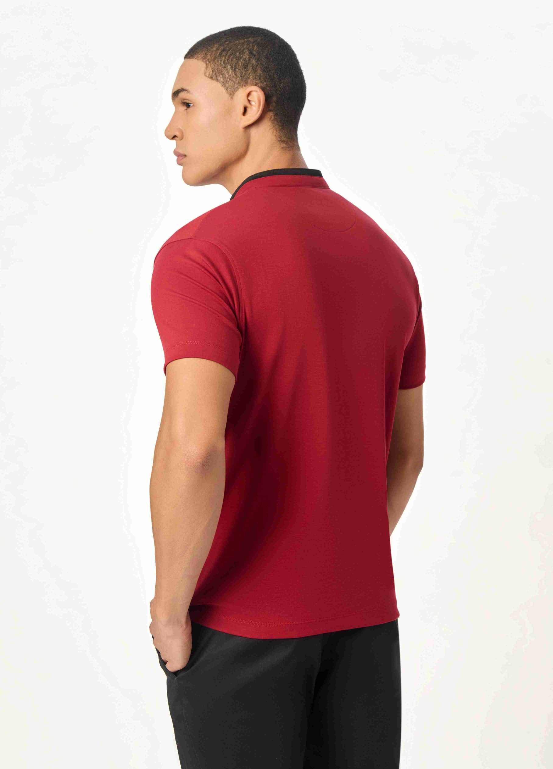 The Deep Red Suede-Detail Band Collar Shirt