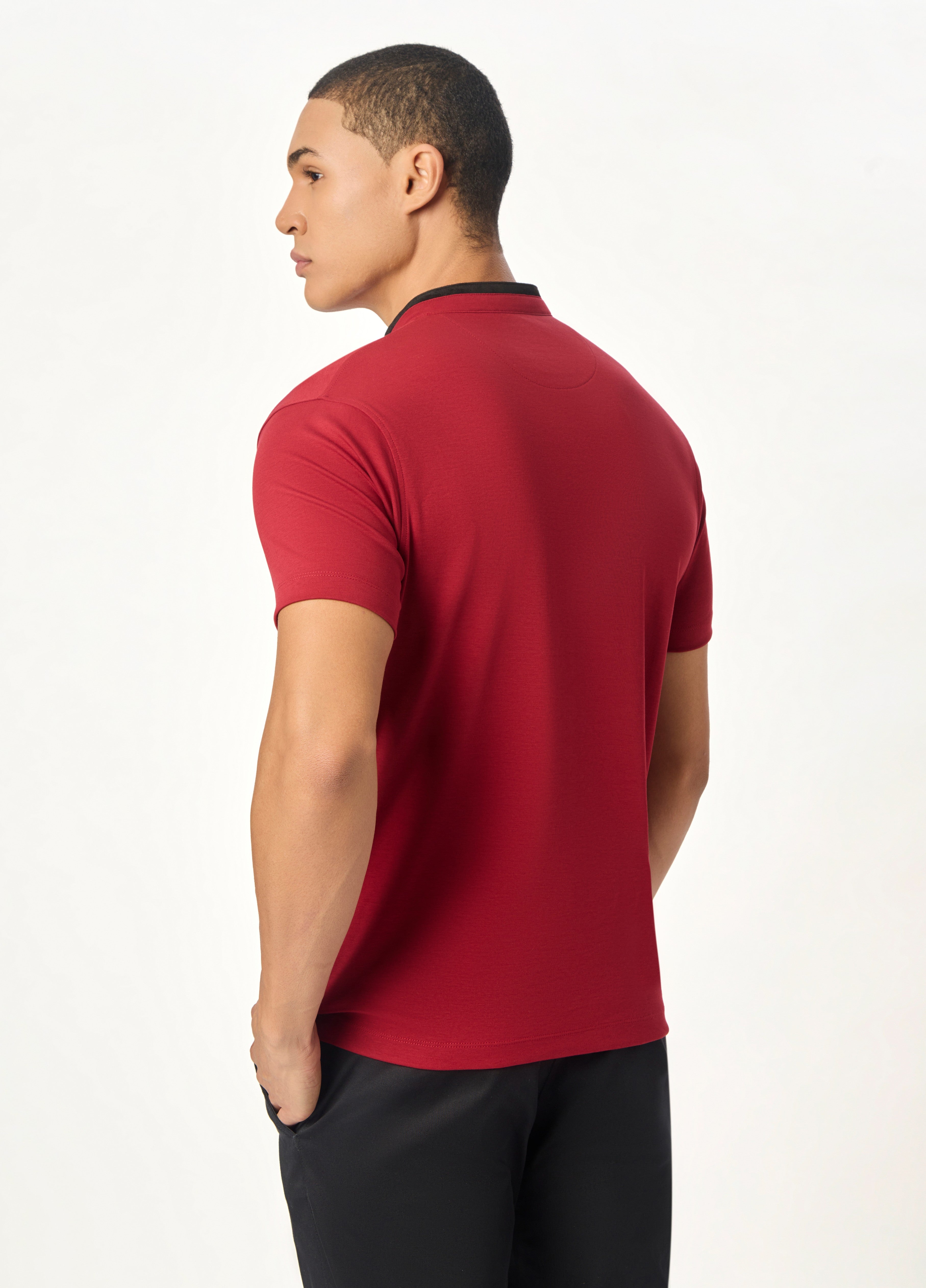 The Deep Red Suede-Detail Band Collar Shirt
