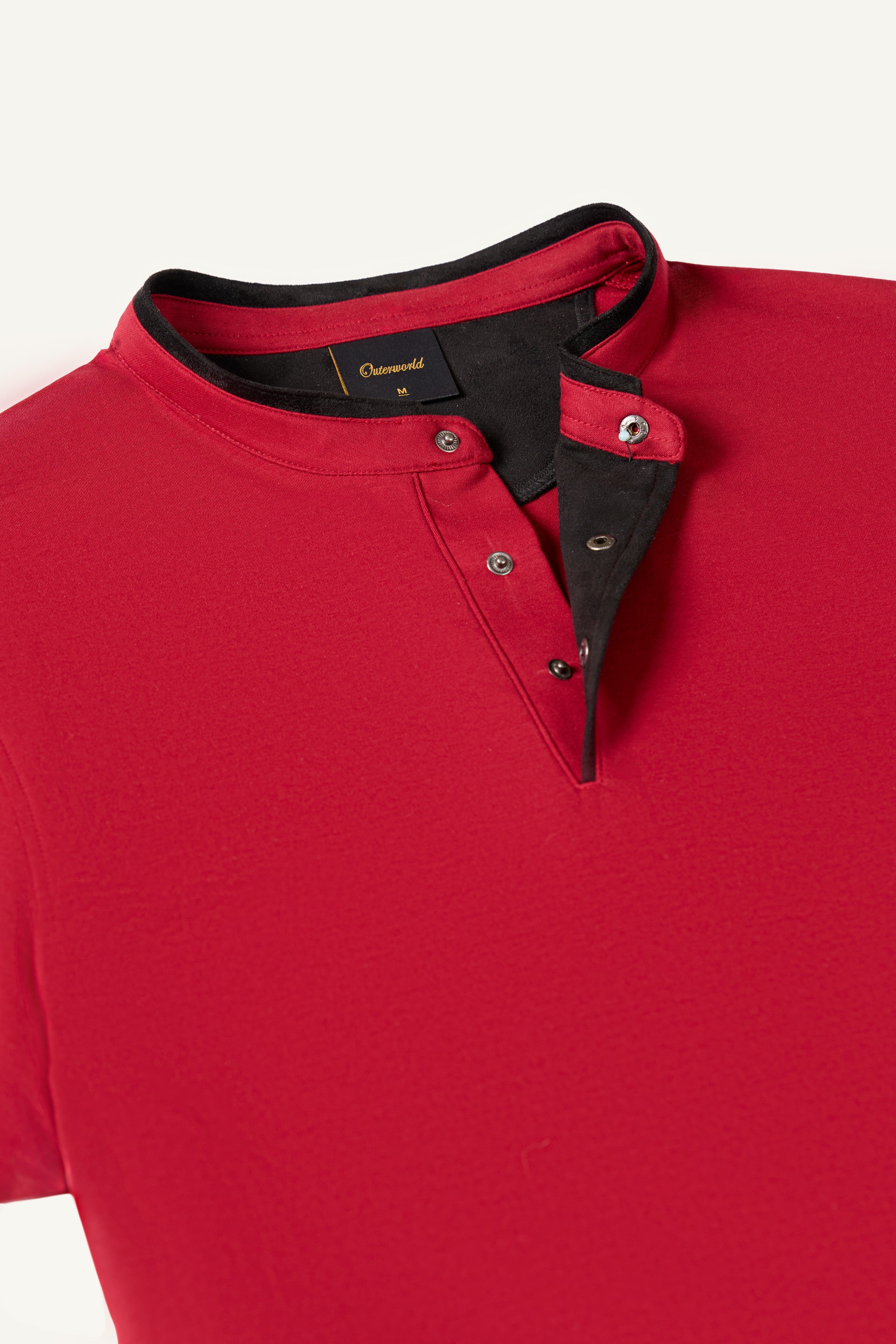 The Deep Red Suede-Detail Band Collar Shirt