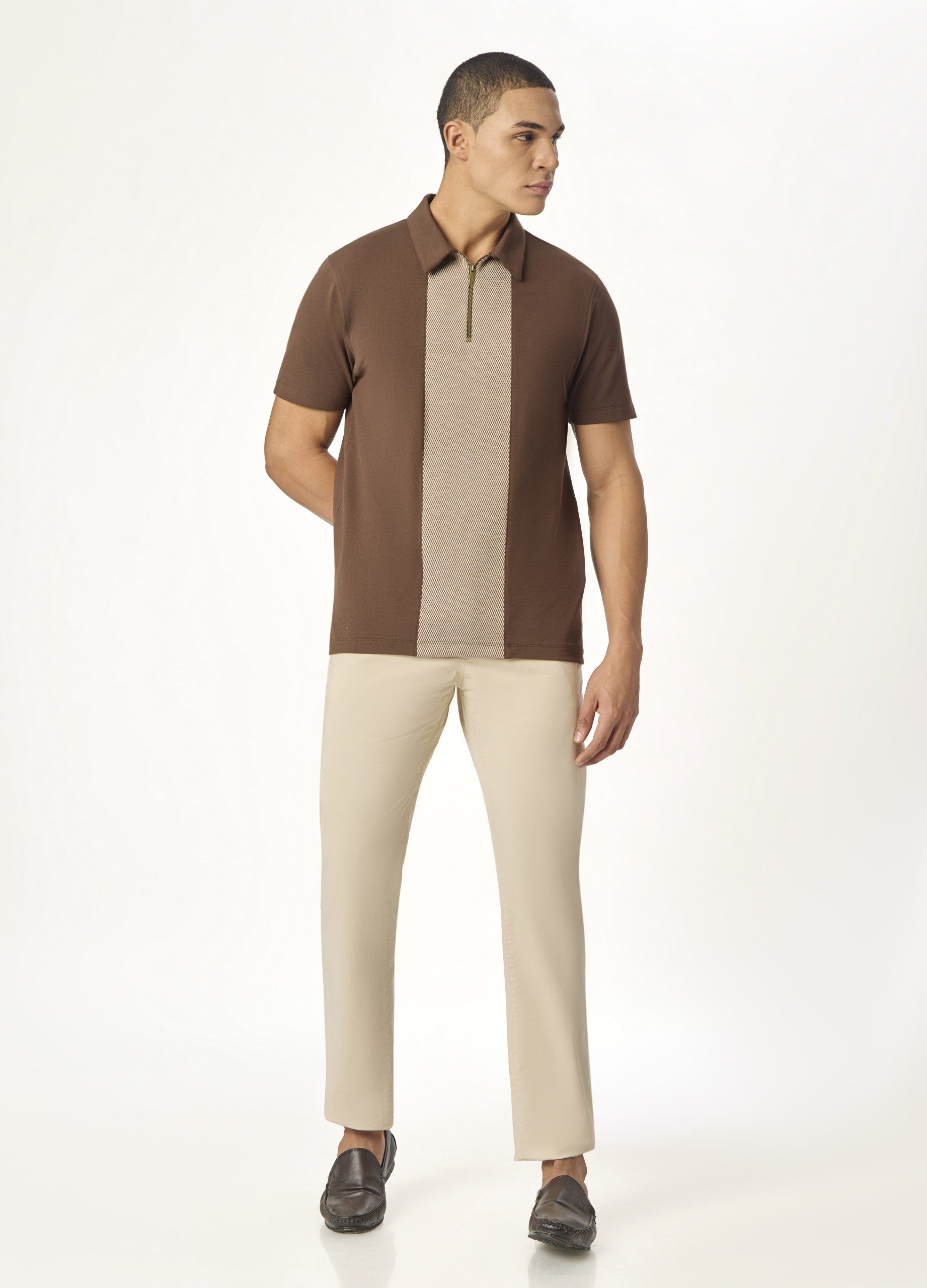 Brown Zipper Polo For Men – Twill Panel Edition