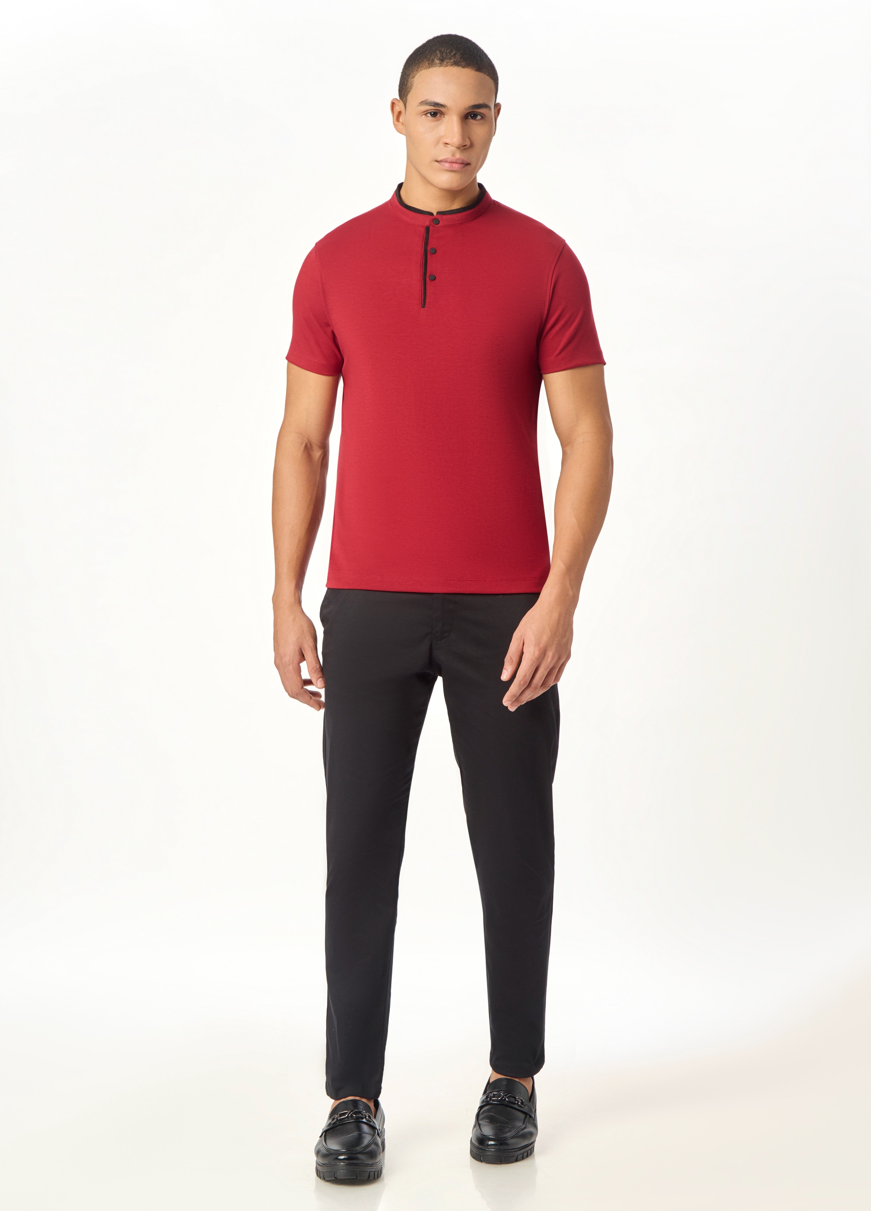The Deep Red Suede-Detail Band Collar Shirt