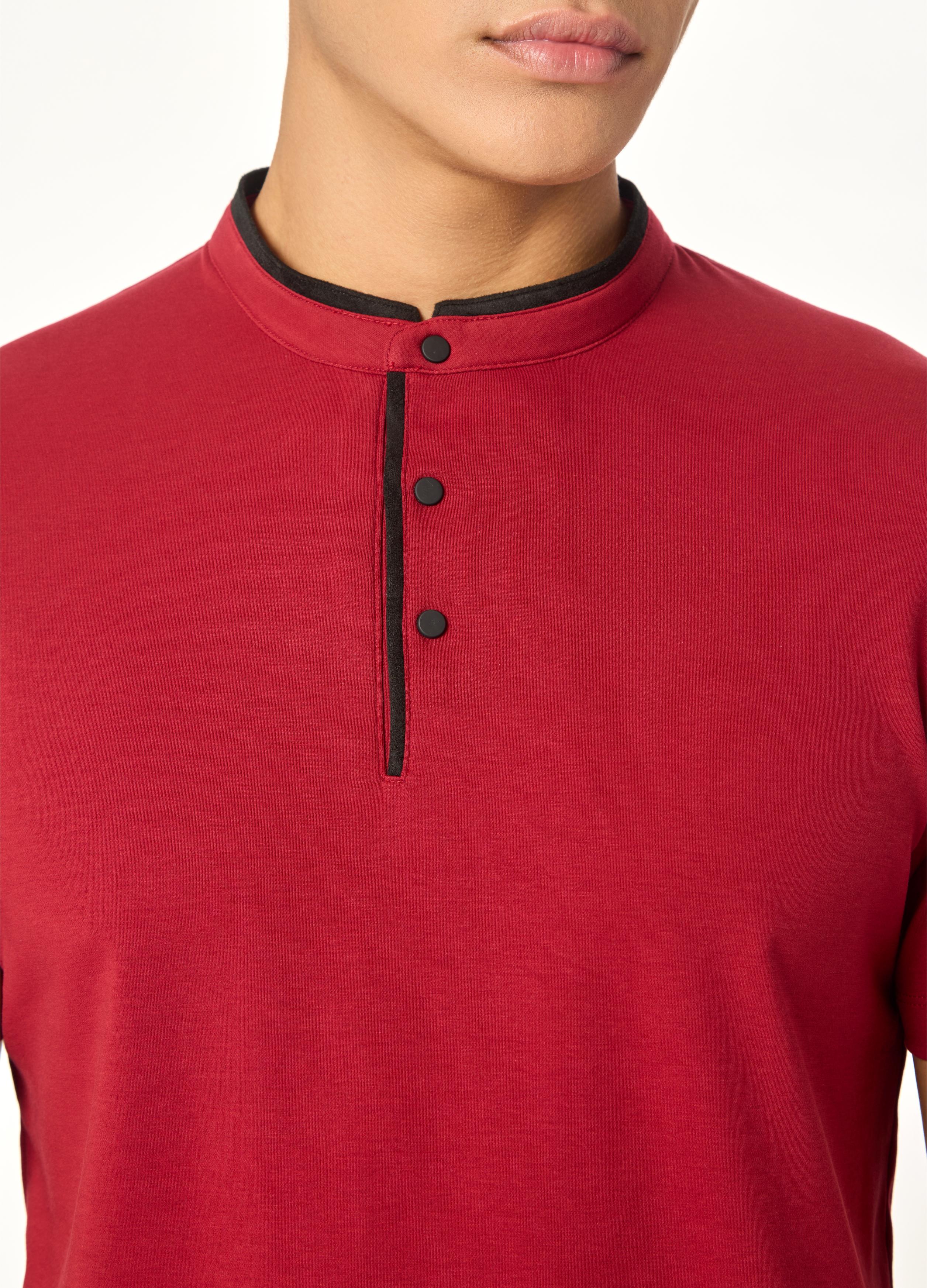 The Deep Red Suede-Detail Band Collar Shirt