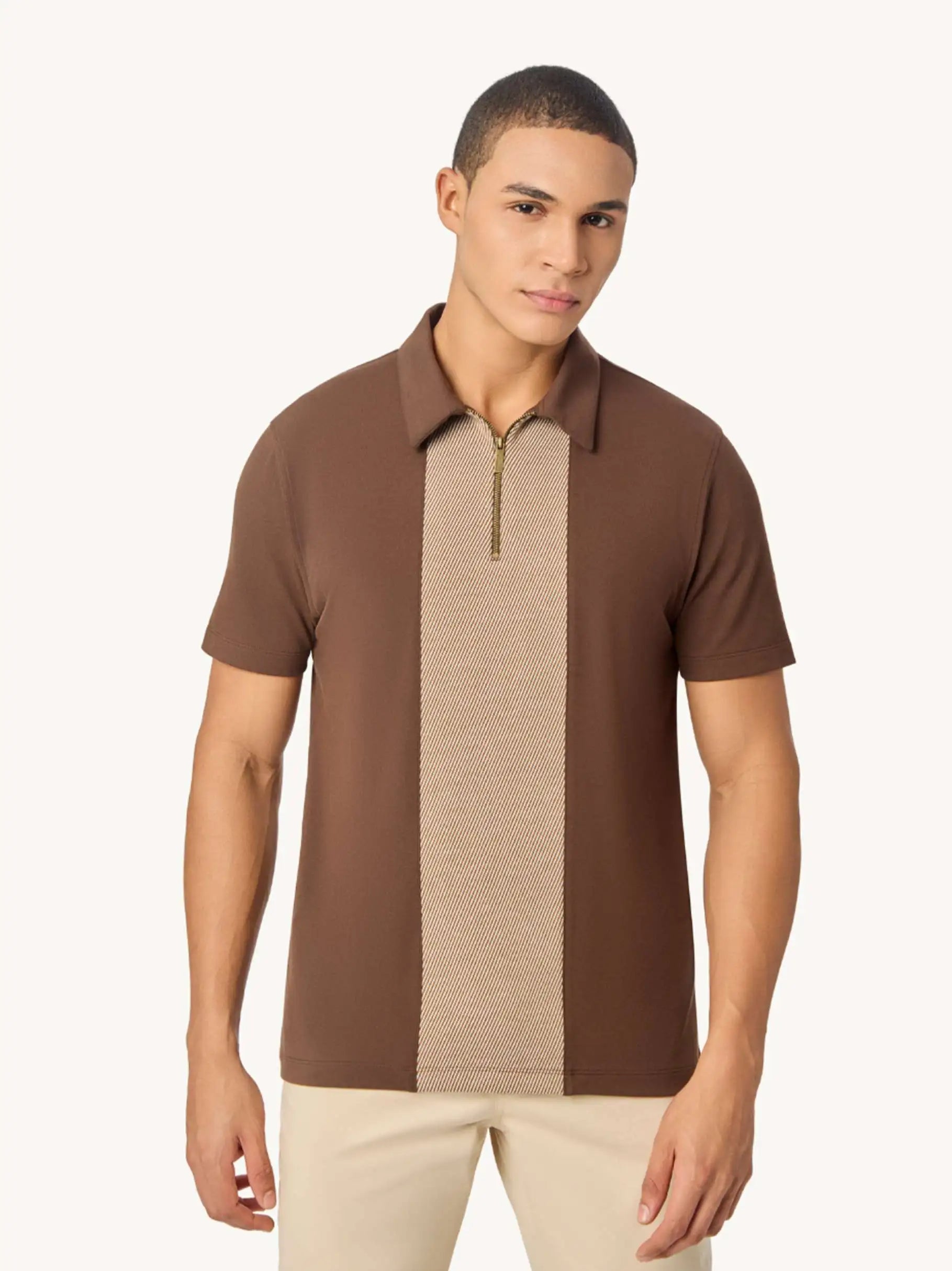 Brown Zipper Polo For Men – Twill Panel Edition
