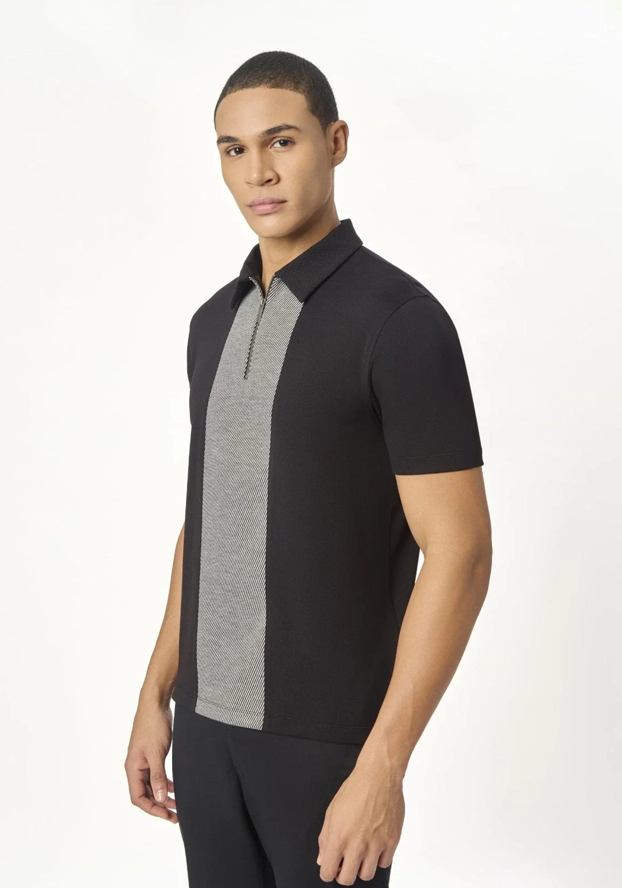 Black Zipper Polo For Men – Twill Panel Edition