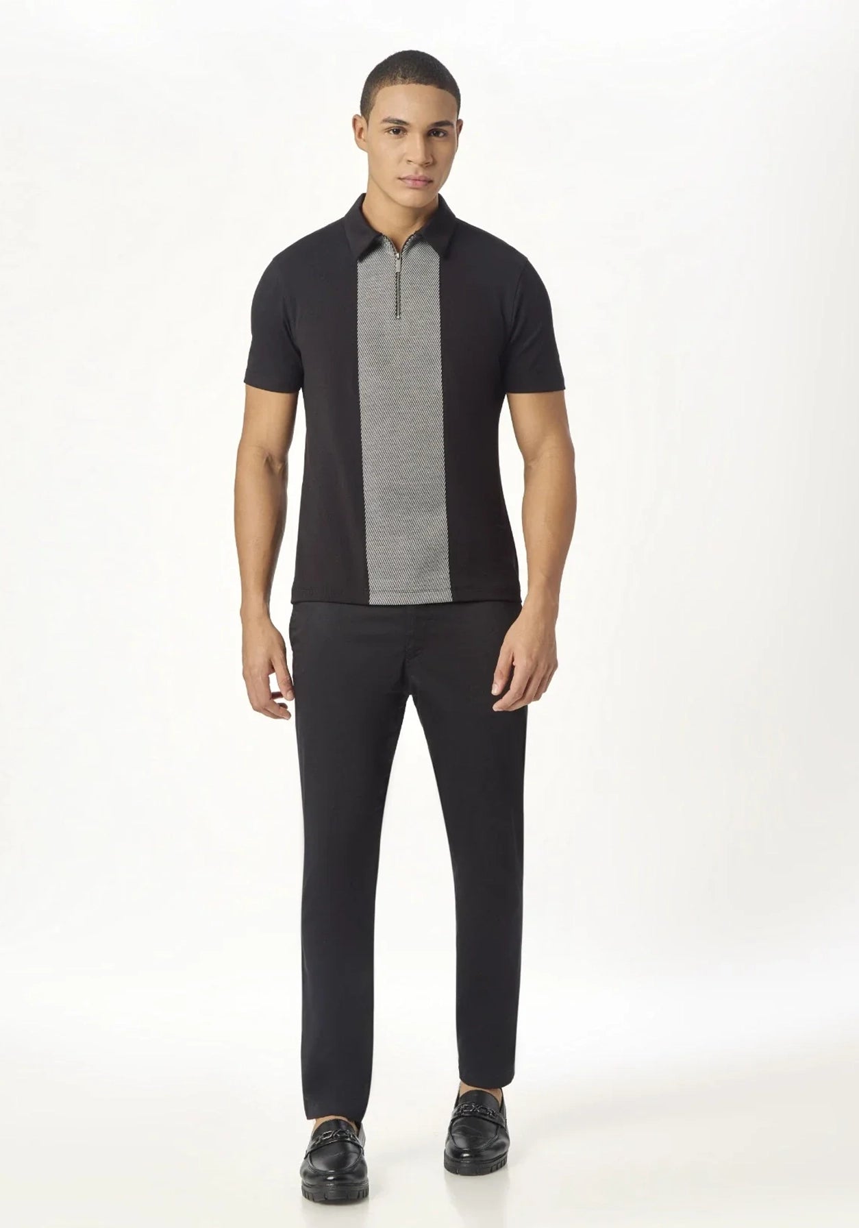 Black Zipper Polo For Men – Twill Panel Edition