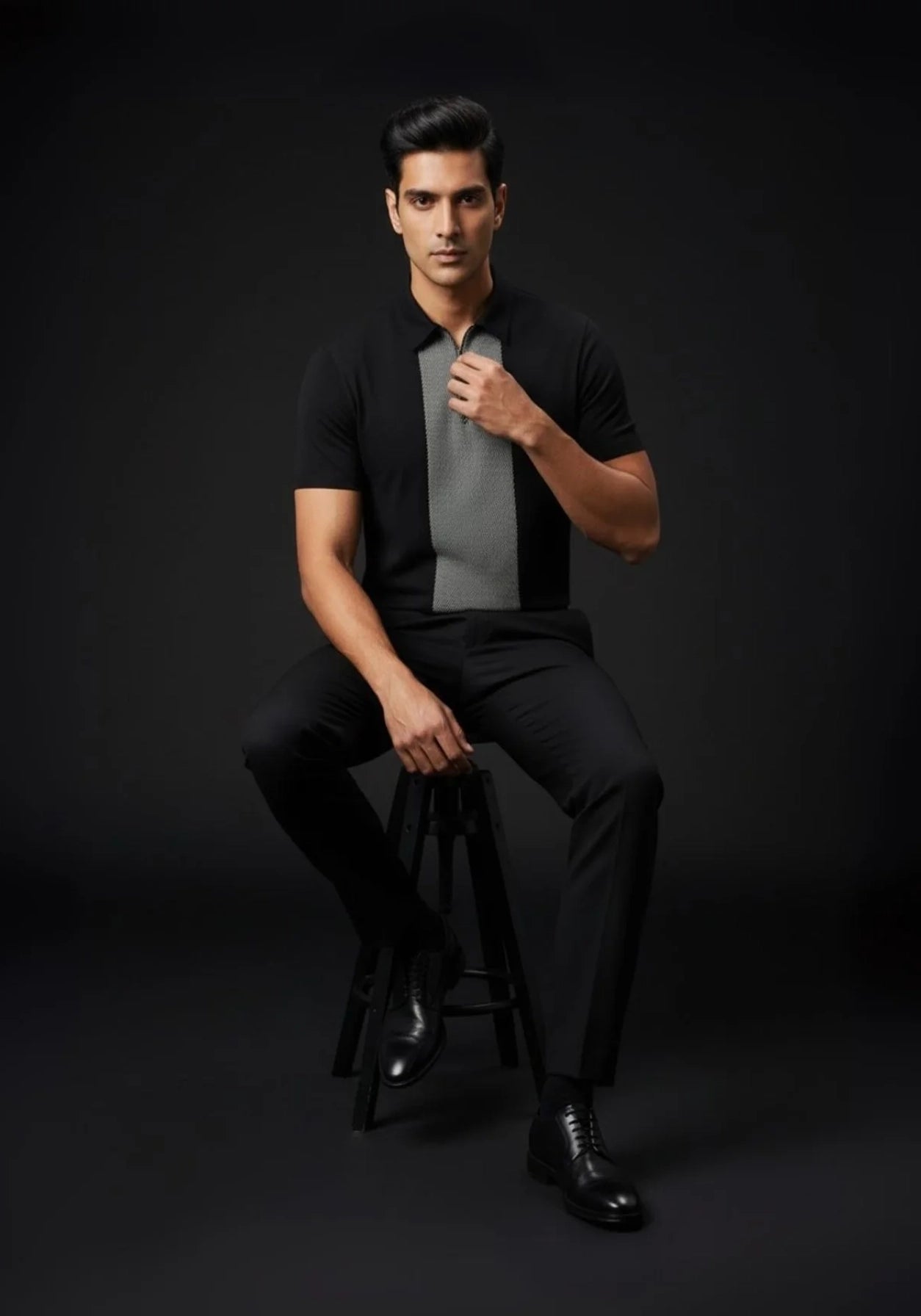 Black Zipper Polo For Men – Twill Panel Edition