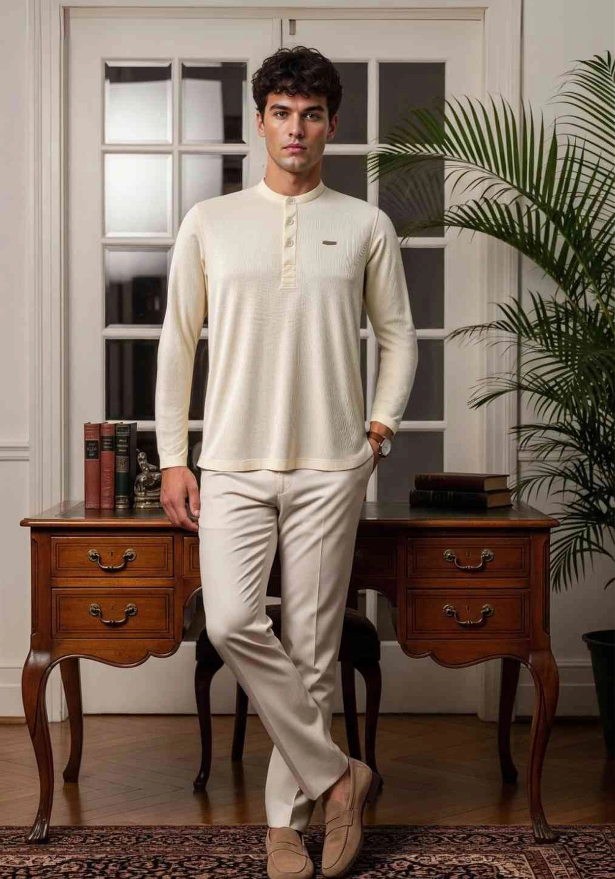 The Lineage Textured Henley - Warm Beige