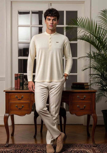 The Lineage Textured Henley - Warm Beige