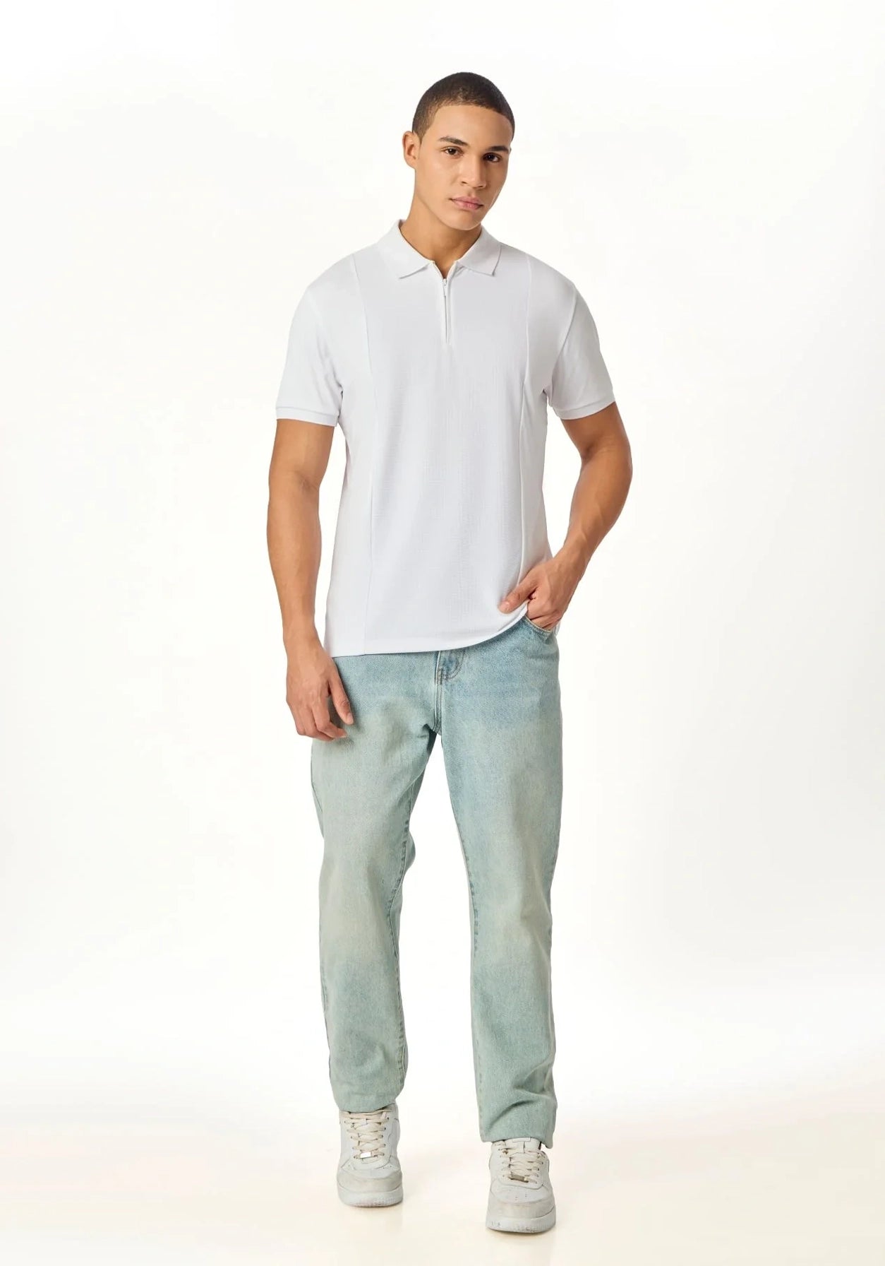 NOIR LUXE  ZIPPER POLO WHITE