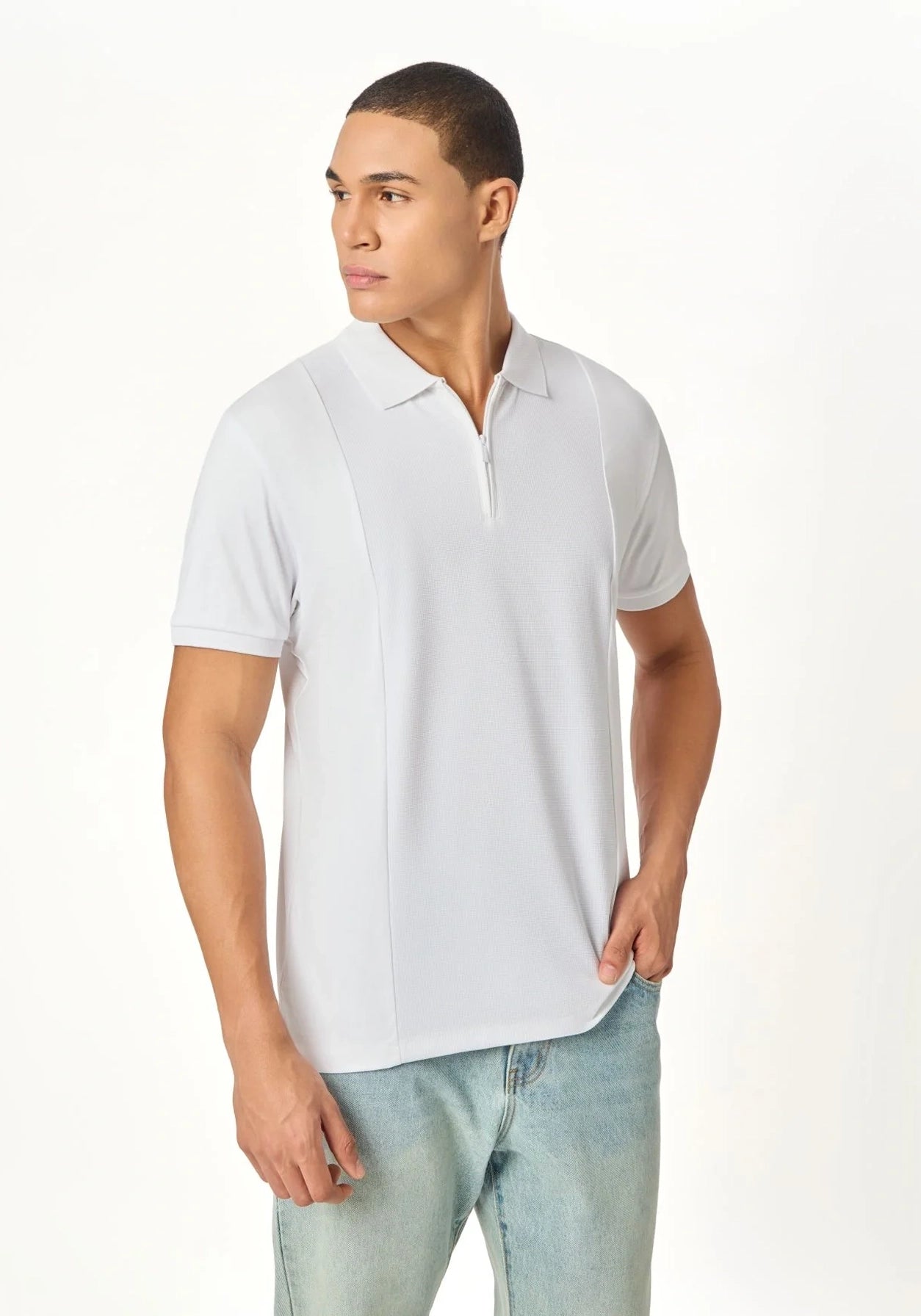 NOIR LUXE  ZIPPER POLO WHITE