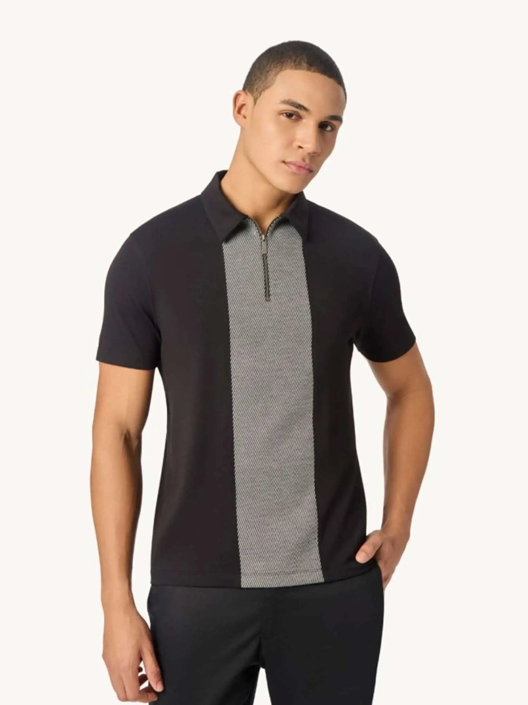 Black Zipper Polo For Men – Twill Panel Edition