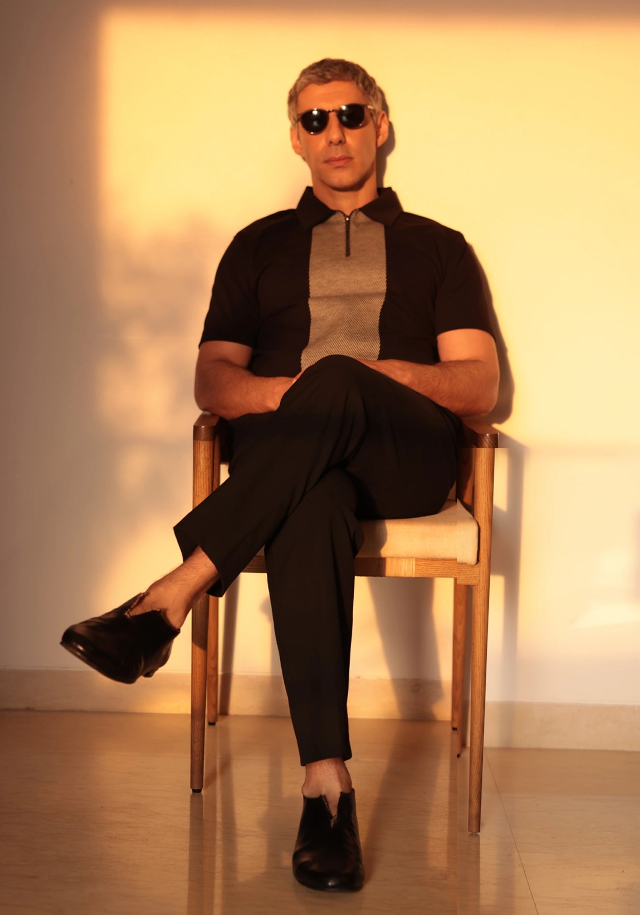 Black Zipper Polo For Men – Twill Panel Edition