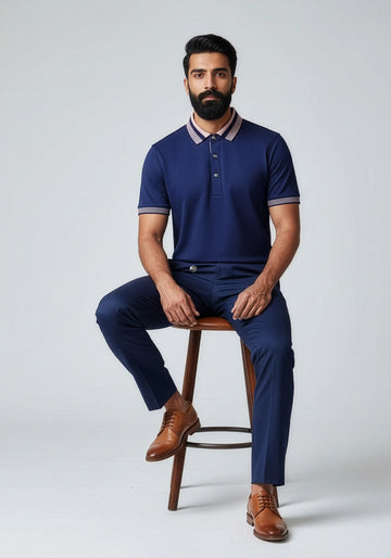 The Axis Metallic Button Polo Grey Navy blue