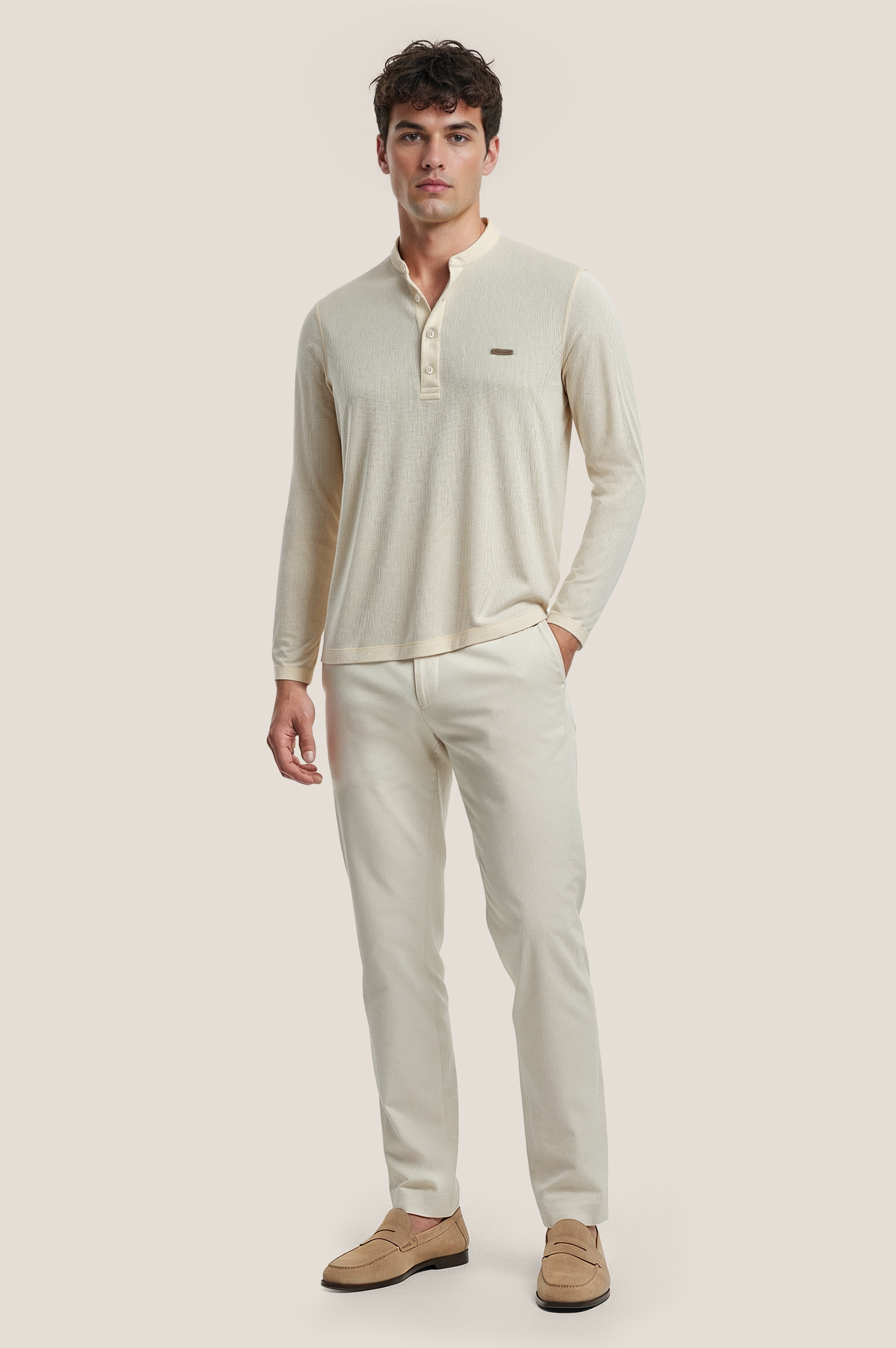 The Lineage Textured Henley - Warm Beige
