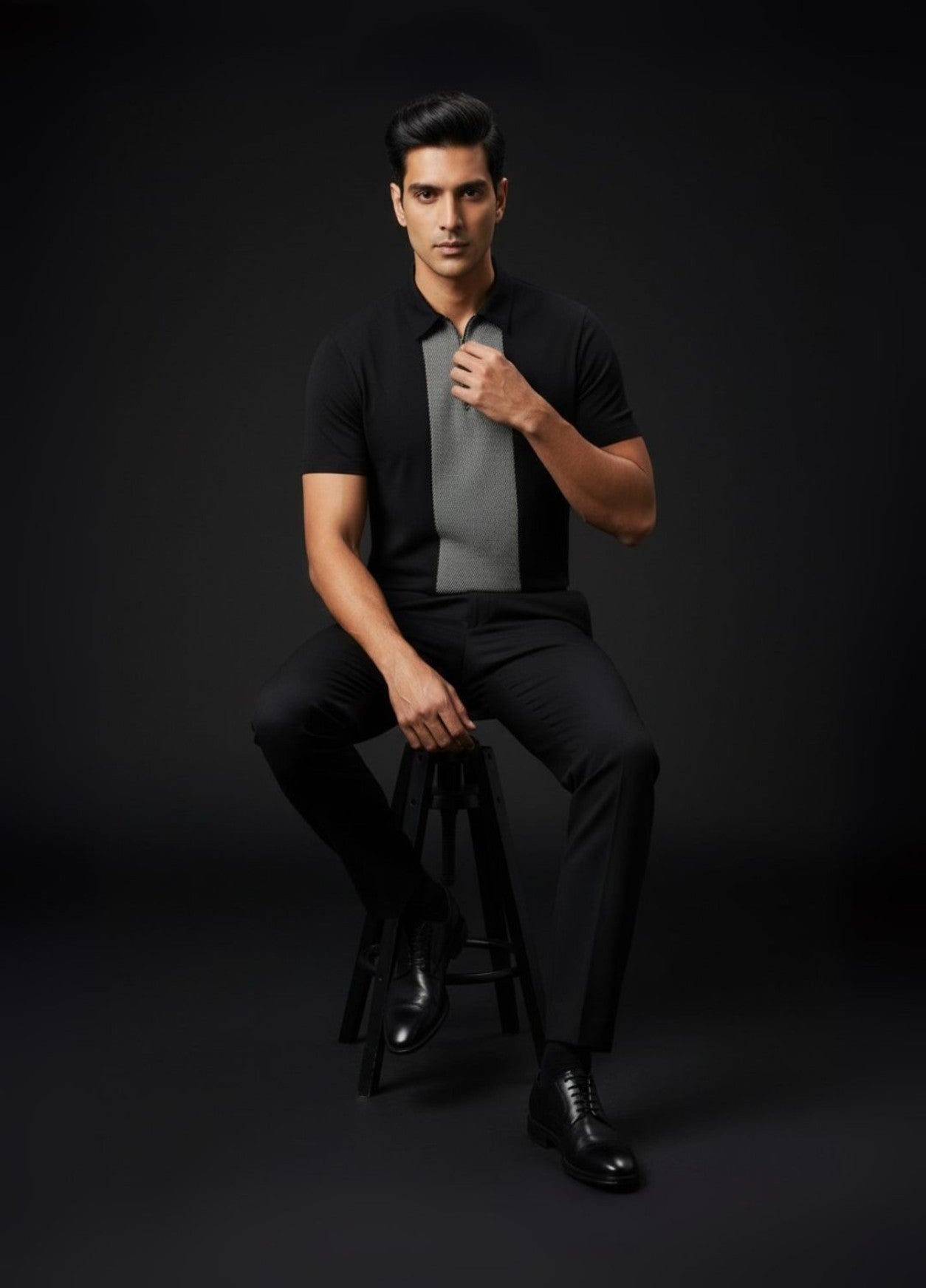 Black Zipper Polo For Men – Twill Panel Edition