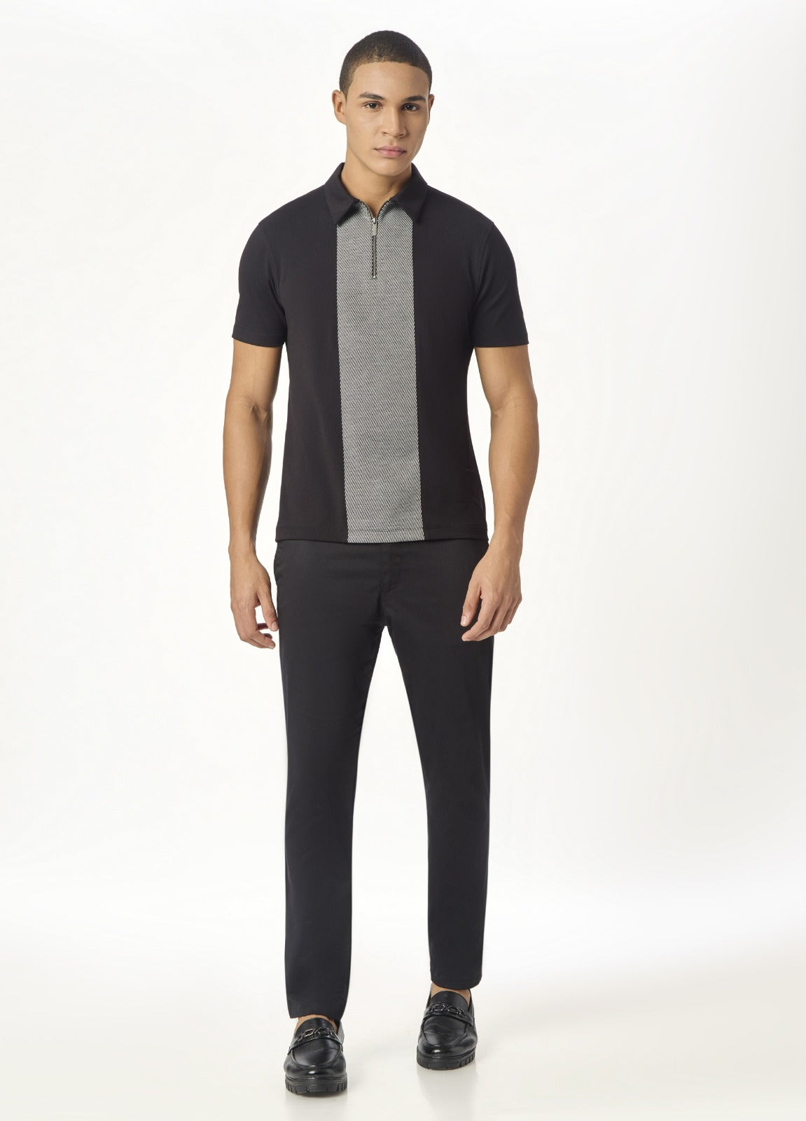 Black Zipper Polo For Men – Twill Panel Edition