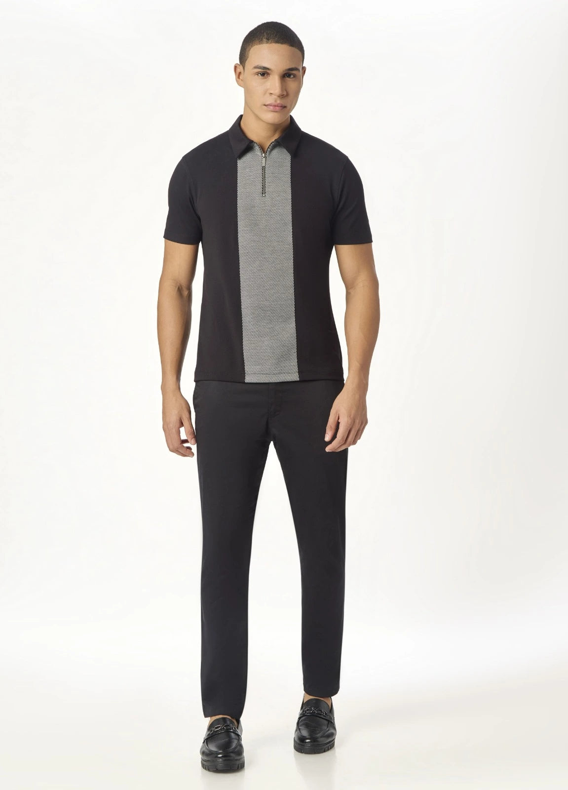 Black Zipper Polo For Men – Twill Panel Edition