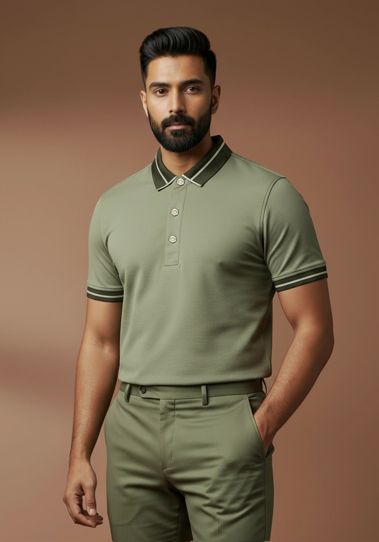 The Lume Signature Metal Button Polo – Olive