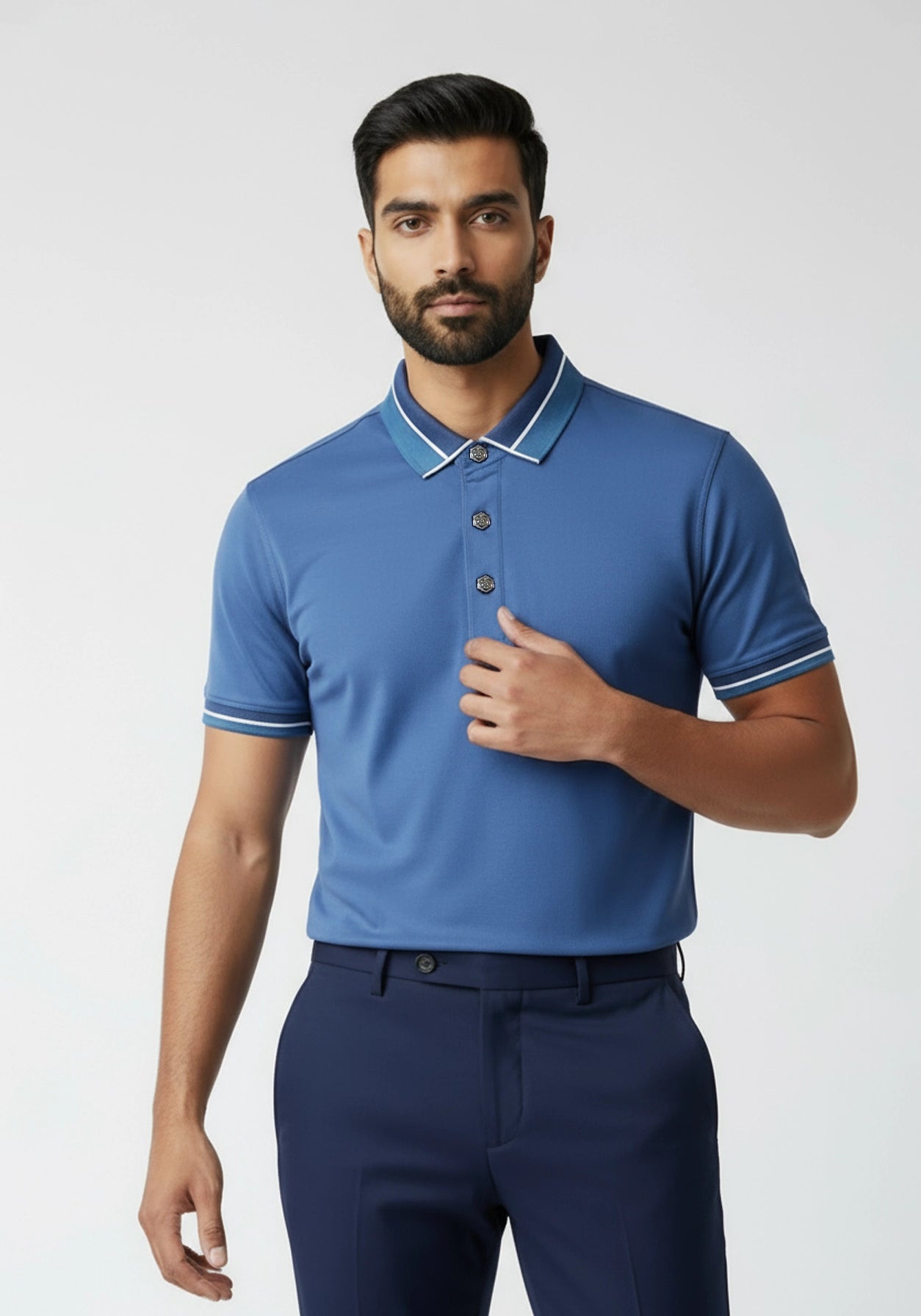 The Lume Signature Metal Button Polo – Blue