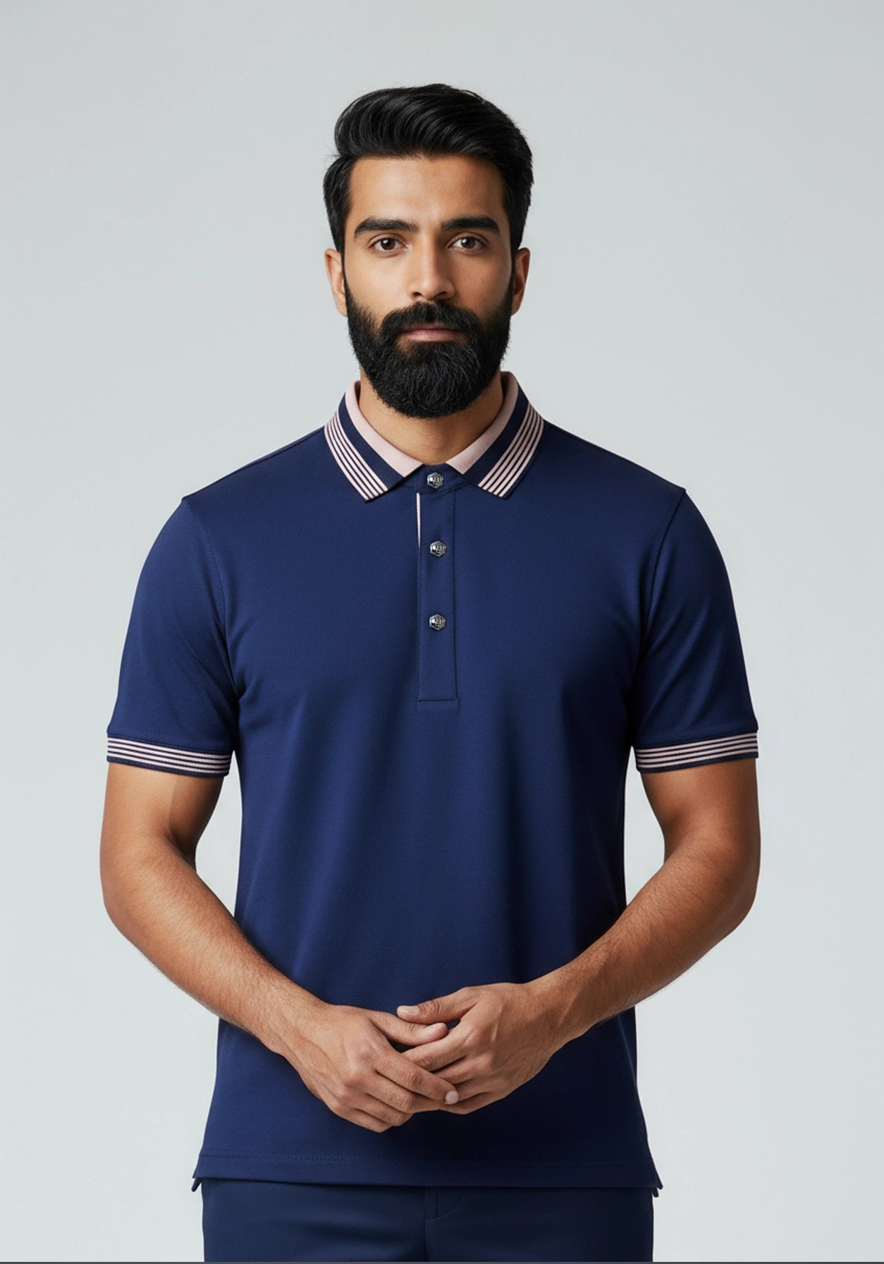 The Axis Metallic Button Polo Grey Navy blue