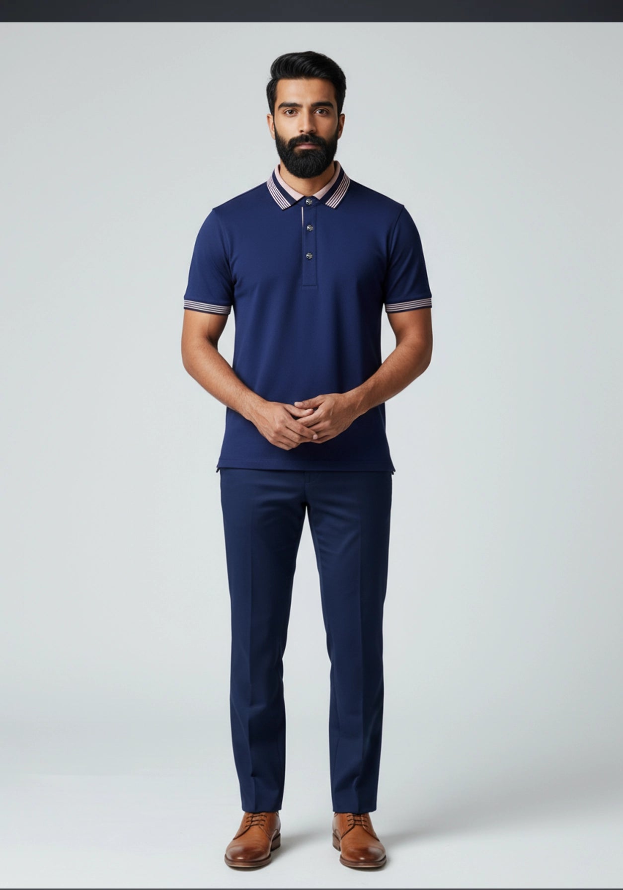 The Axis Metallic Button Polo Grey Navy blue