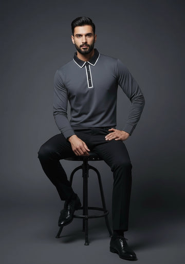 Classic Full Sleeve Polo Charcoal Grey