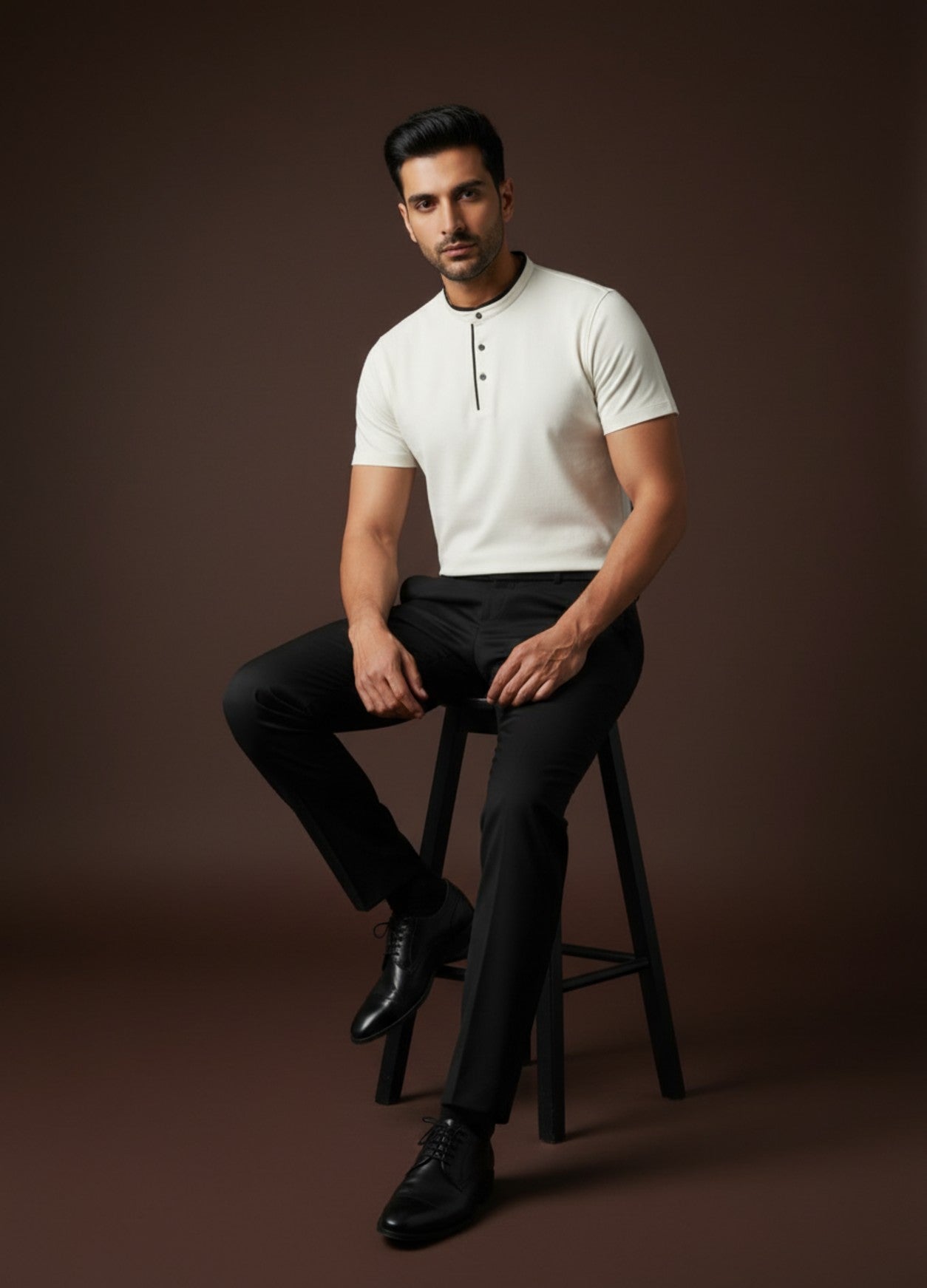 Serenity White Suede-Detail Band Collar Shirt