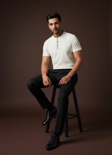 Serenity White Suede-Detail Band Collar Shirt