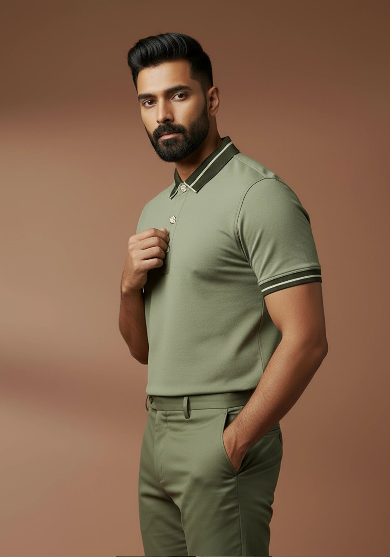 The Lume Signature Metal Button Polo – Olive