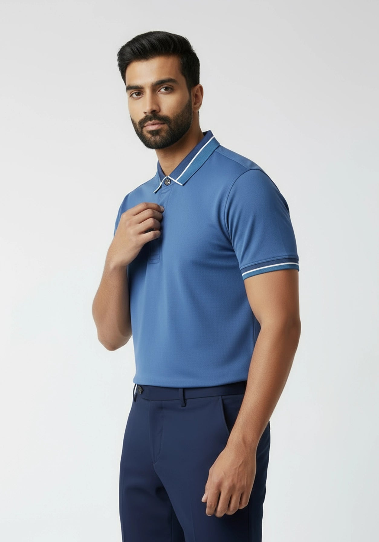 The Lume Signature Metal Button Polo – Blue