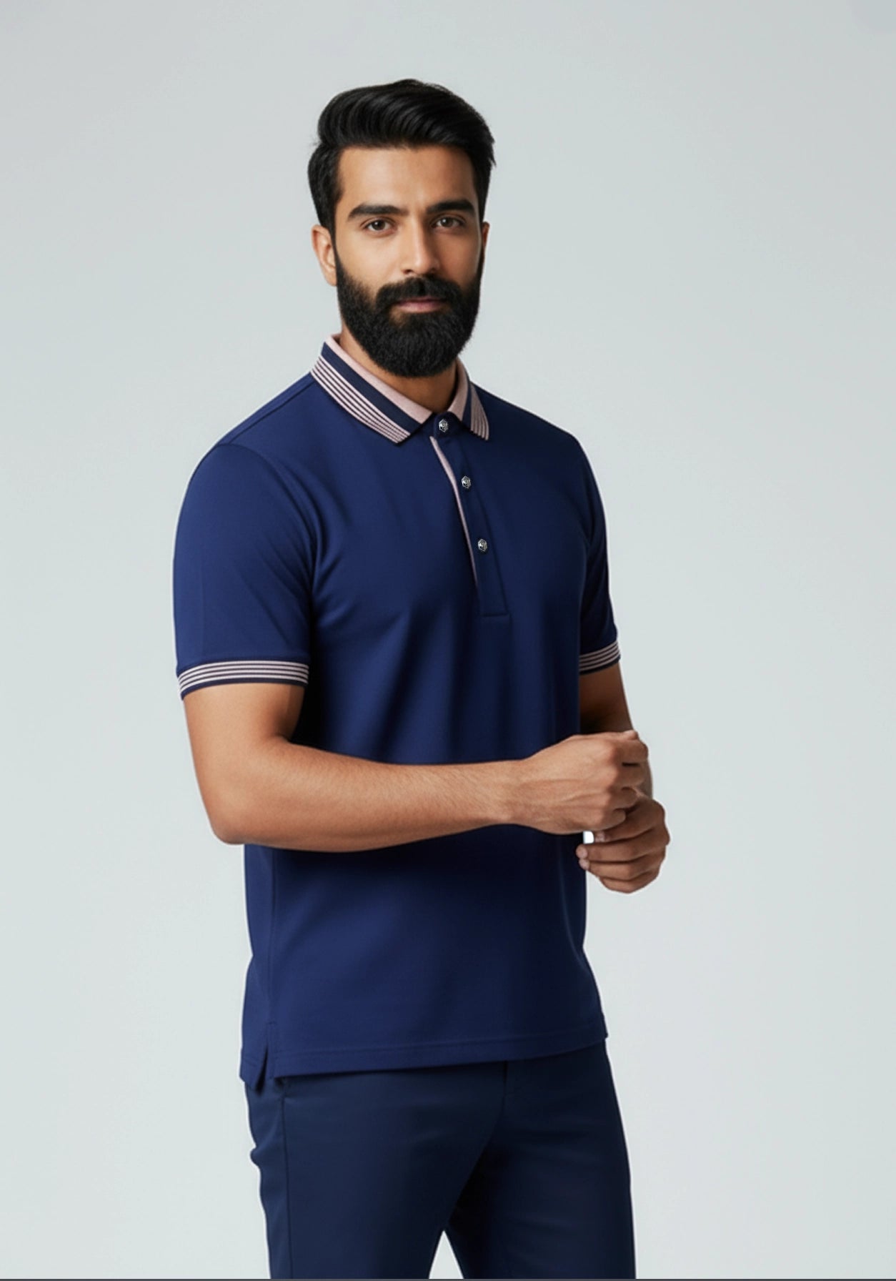 The Axis Metallic Button Polo Grey Navy blue