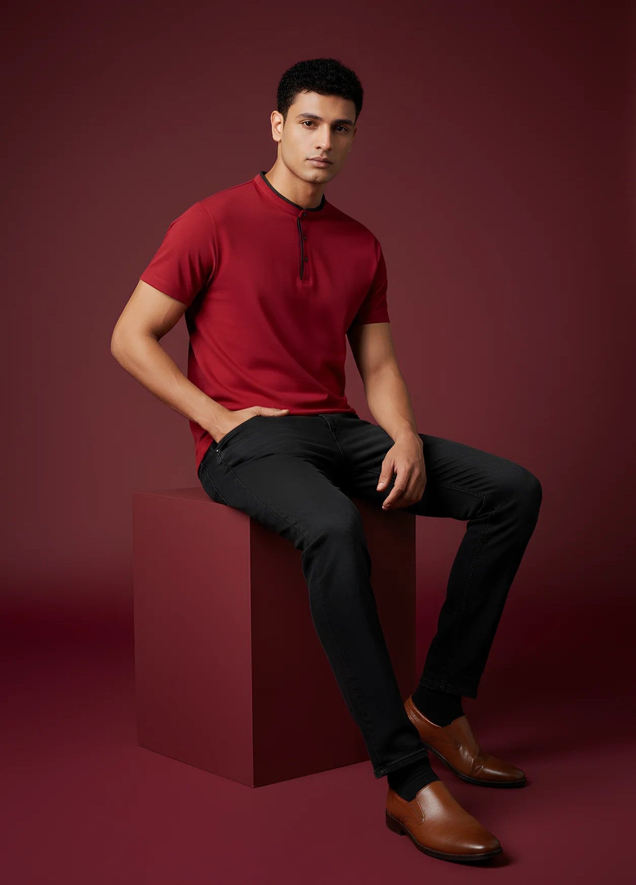 The Deep Red Suede-Detail Band Collar Shirt