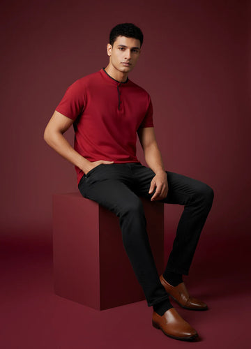 The Deep Red Suede-Detail Band Collar Shirt