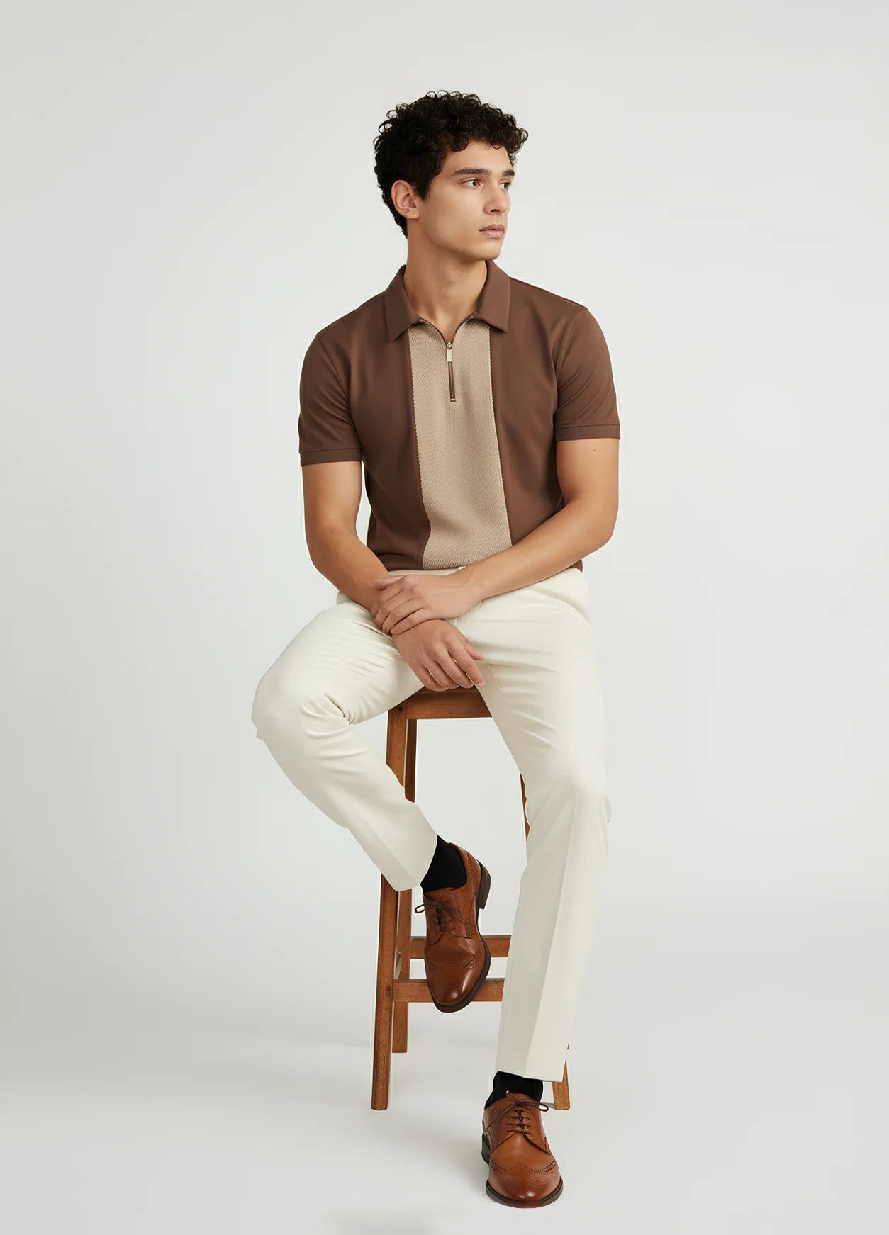 Brown Zipper Polo For Men – Twill Panel Edition