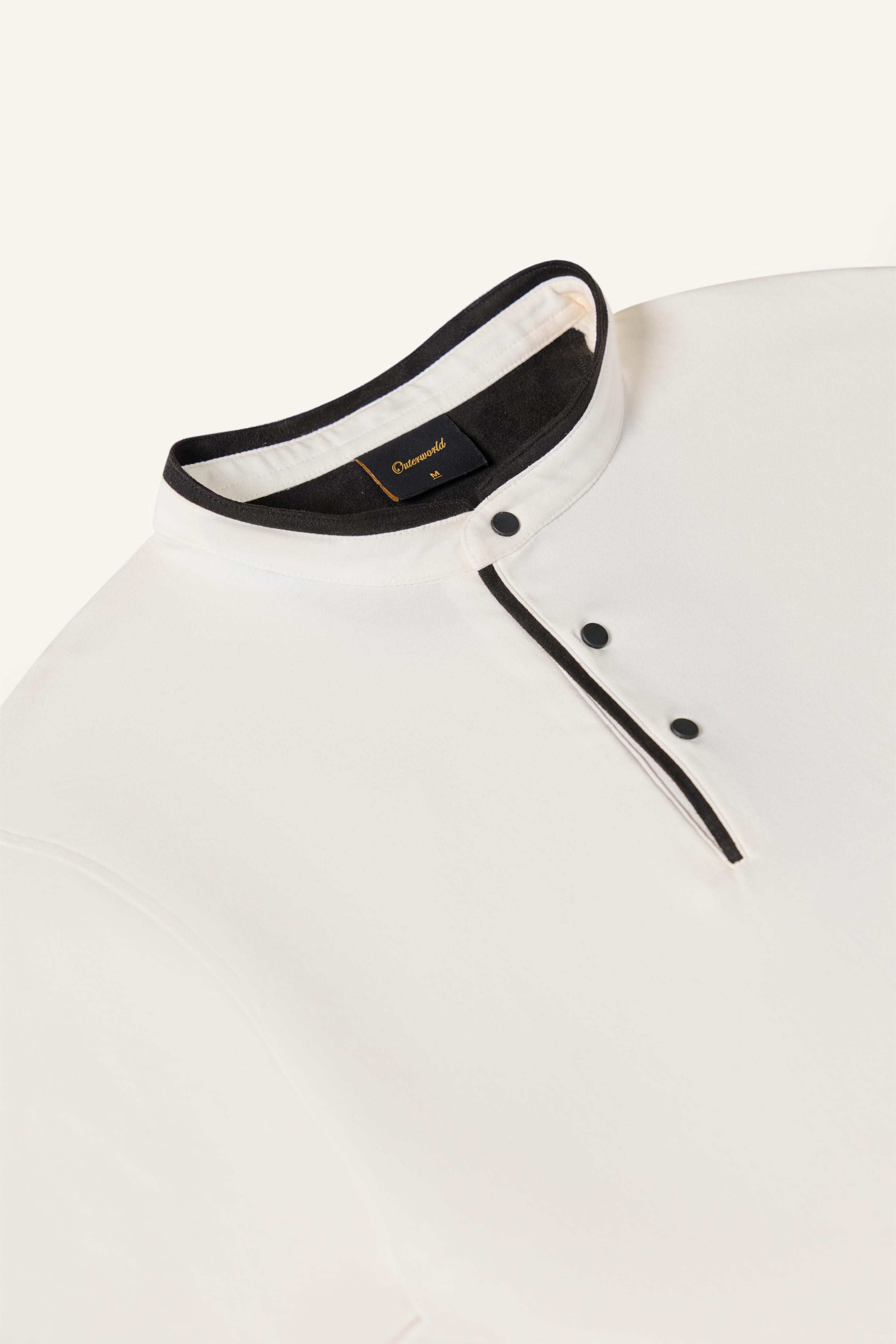 Serenity White Suede-Detail Band Collar Shirt