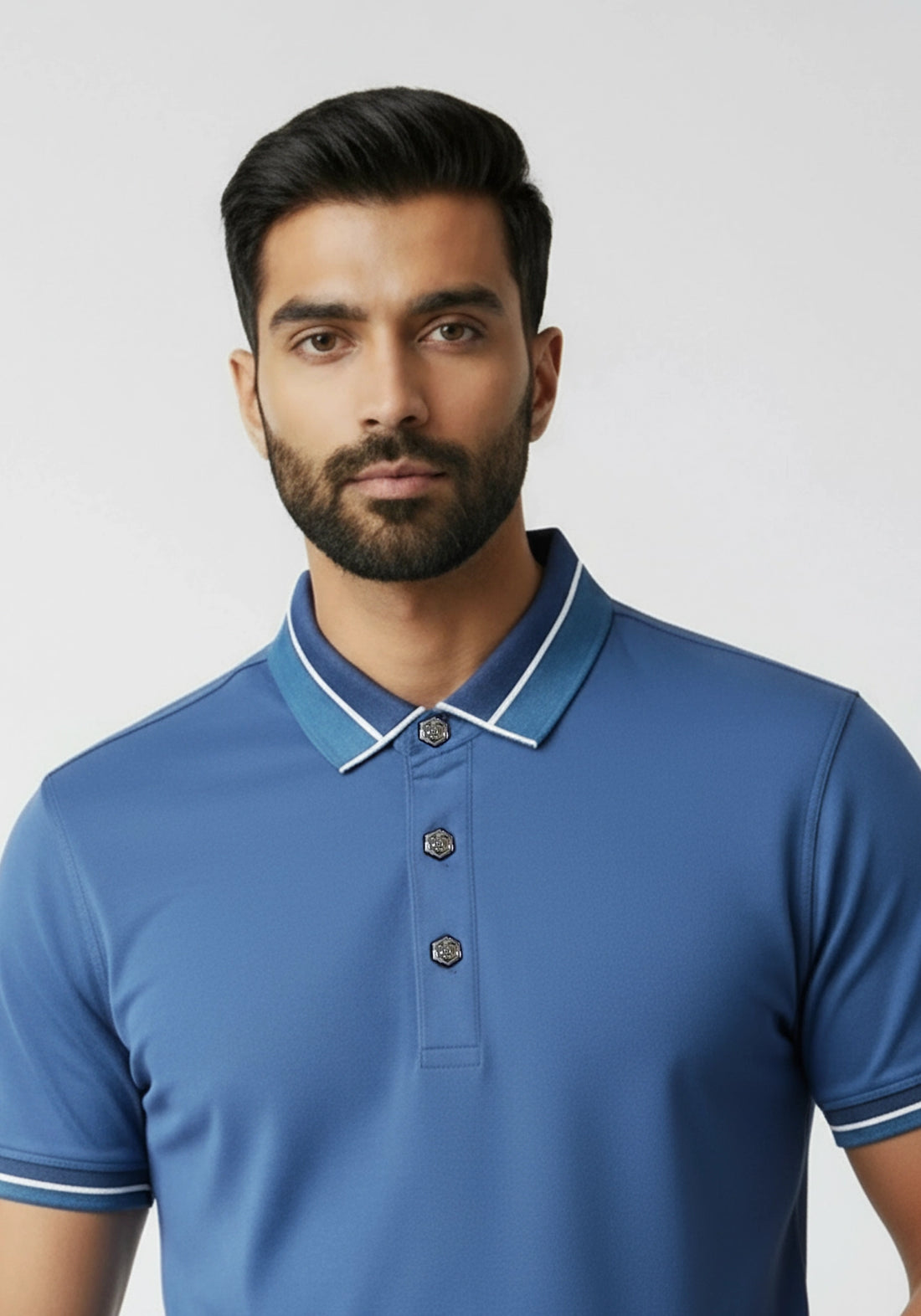 The Lume Signature Metal Button Polo – Blue