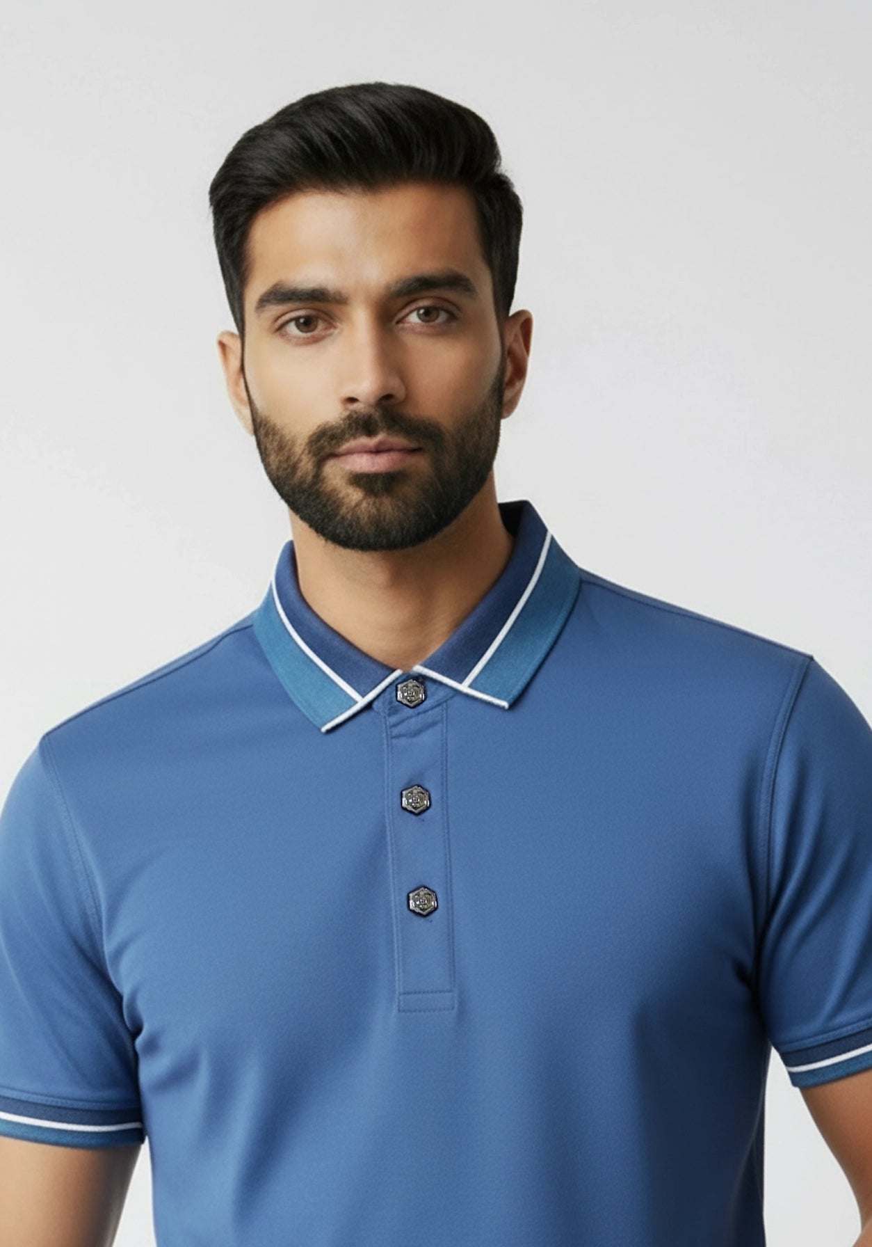 The Lume Signature Metal Button Polo – Blue
