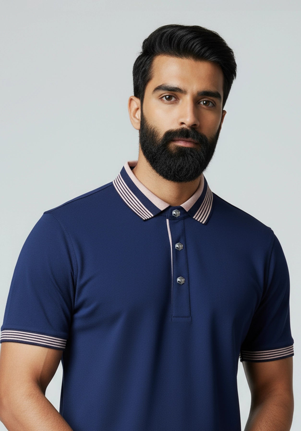 The Axis Metallic Button Polo Grey Navy blue